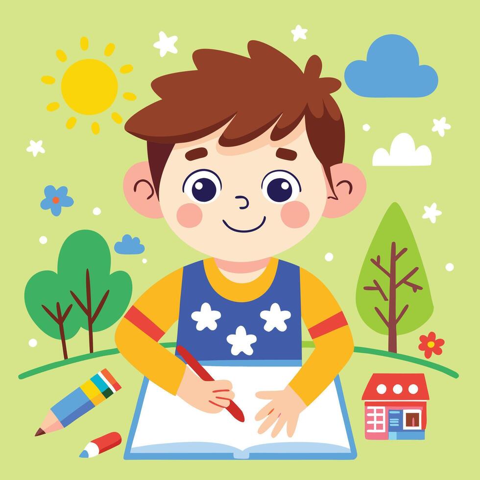 a boy is writing in a notebook with a pencil and a pencil vector