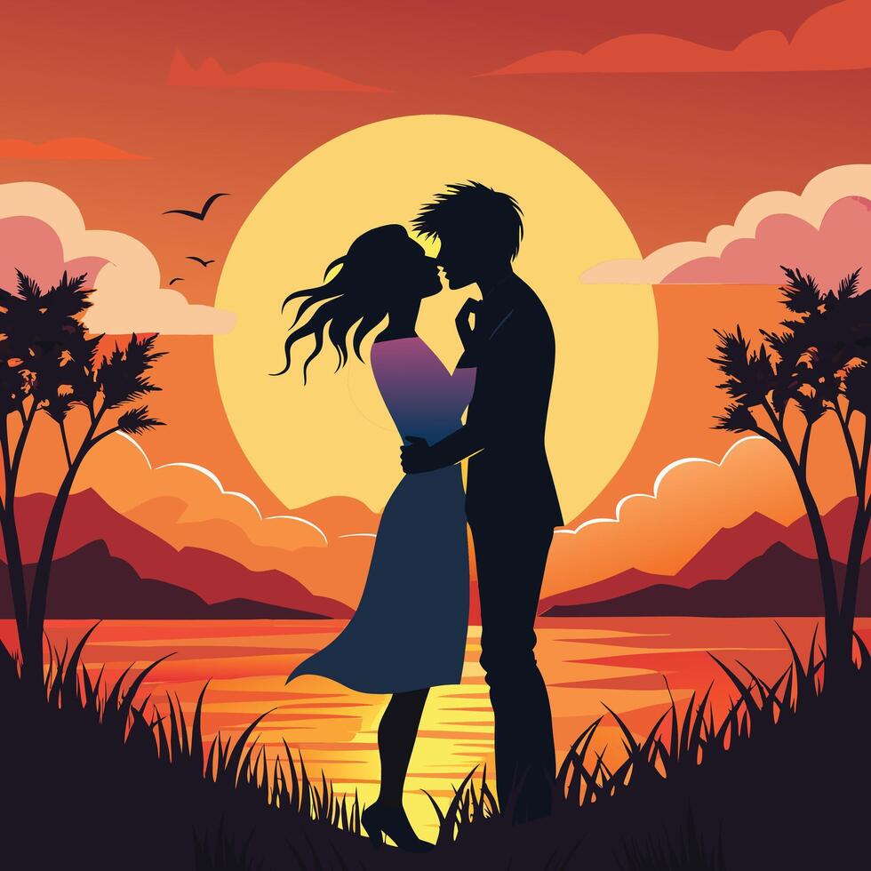 a couple kissing in front of a sunset vector