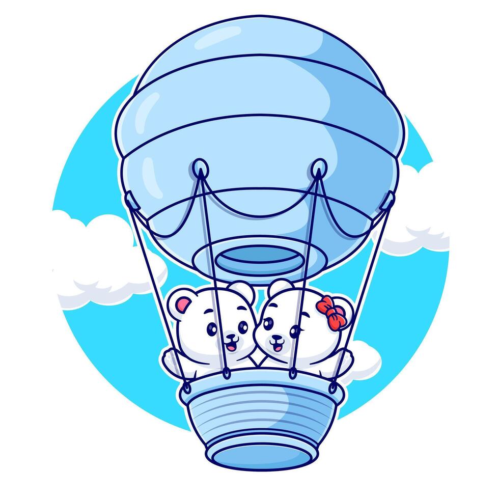 Cute polar bear couple floating with the air balloons icon illustration vector