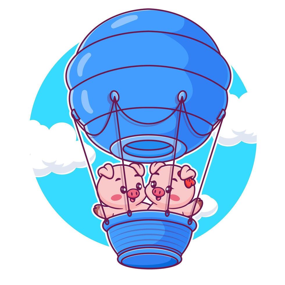 Cute pig couple floating with the air balloons icon illustration vector