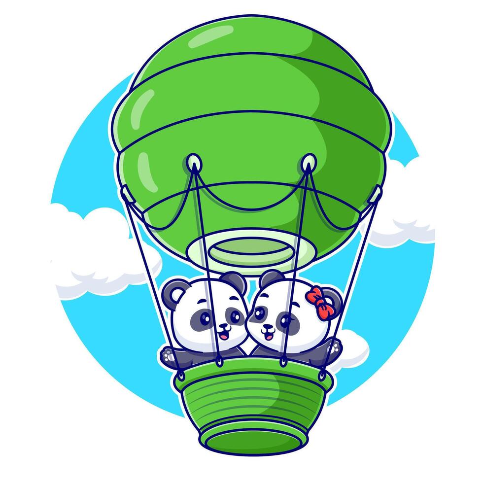 Cute panda couple floating with the air balloons icon illustration vector