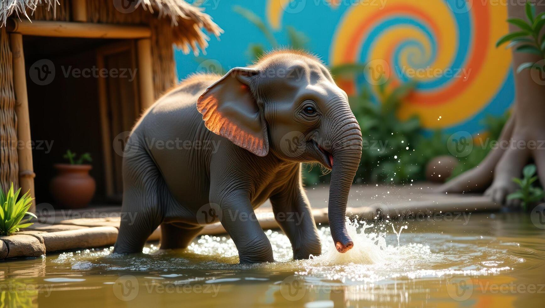 A playful baby elephant splashes in water near a colorful backdrop and a small hut. photo