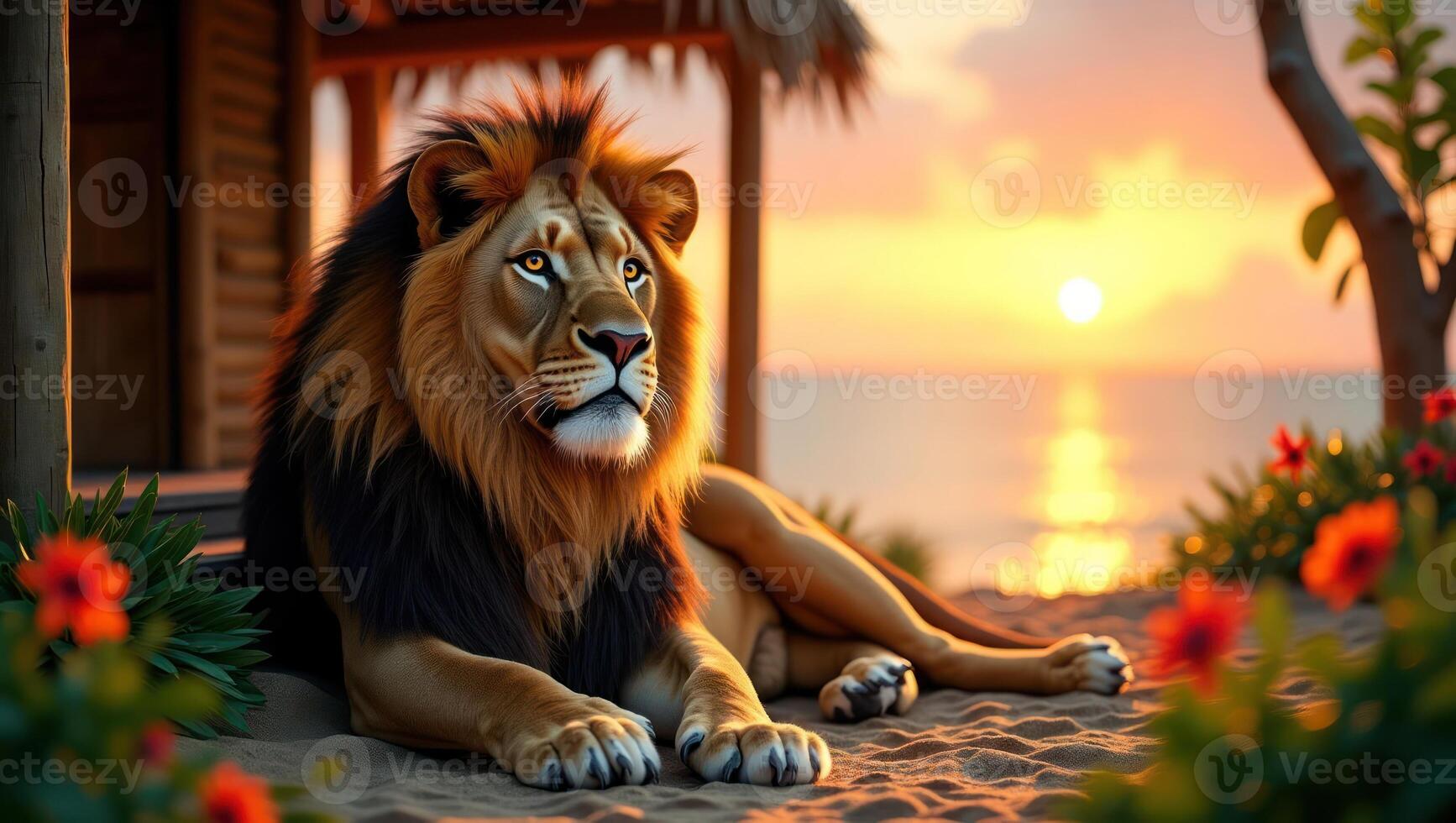 A lion relaxes on a beach at sunset, surrounded by flowers and a serene ocean view. photo