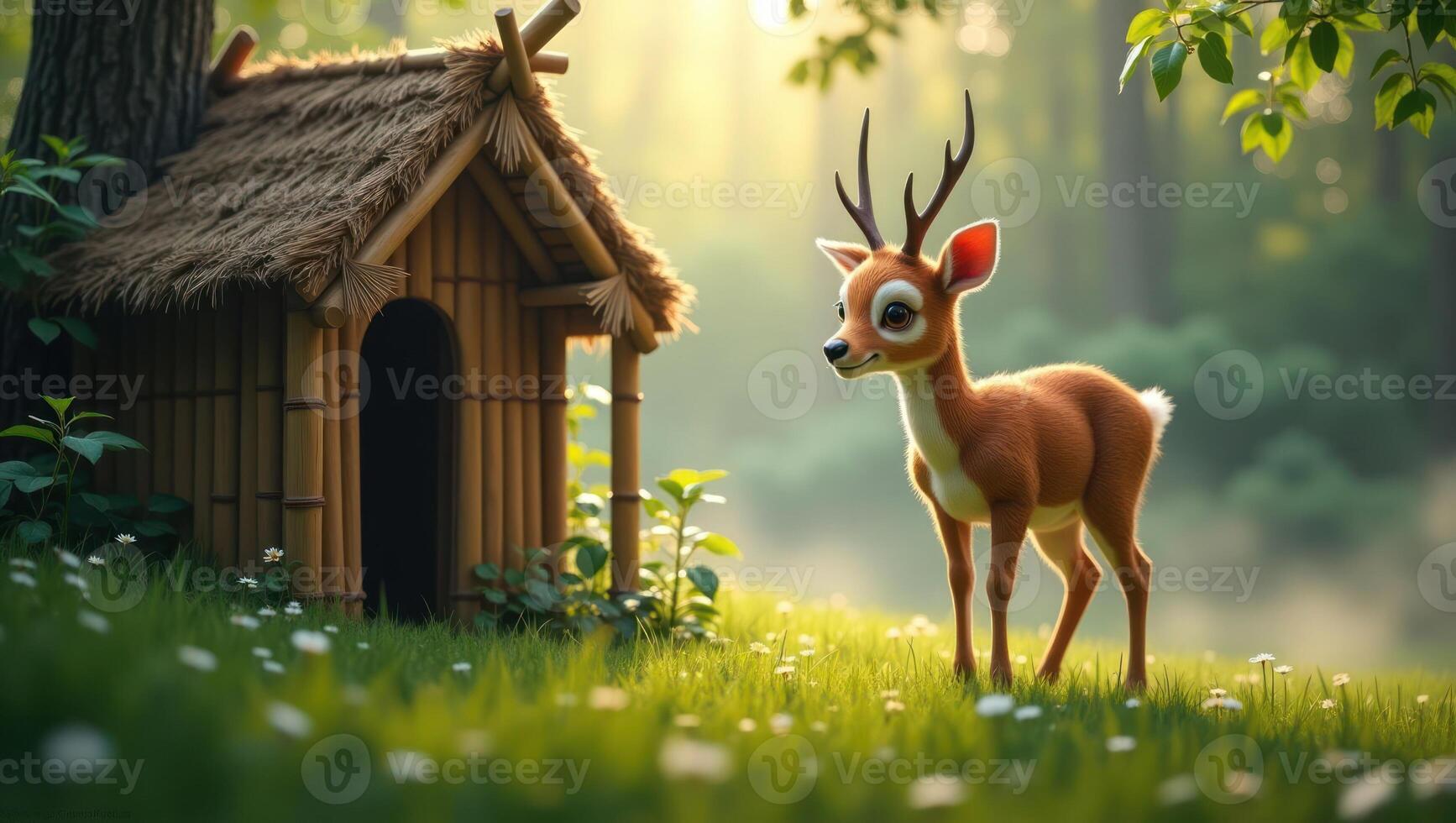 A cute deer stands near a cozy wooden hut in a serene forest setting. photo