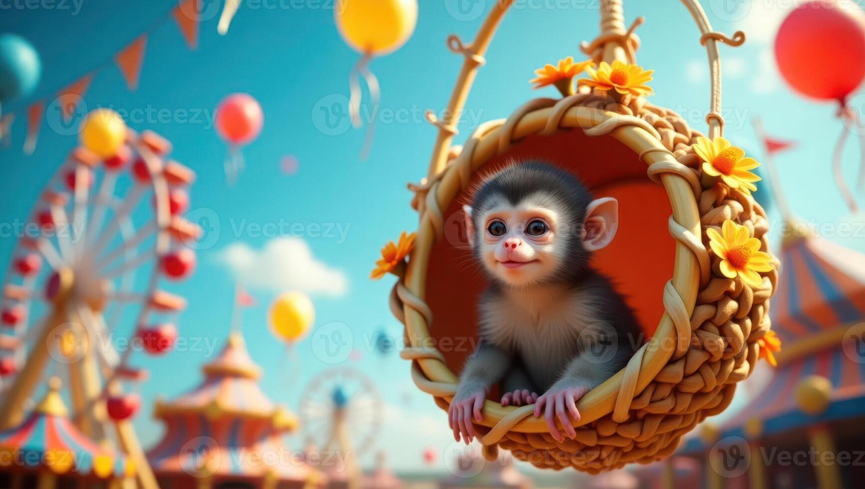 A cute monkey in a decorative basket at a festive carnival scene. photo