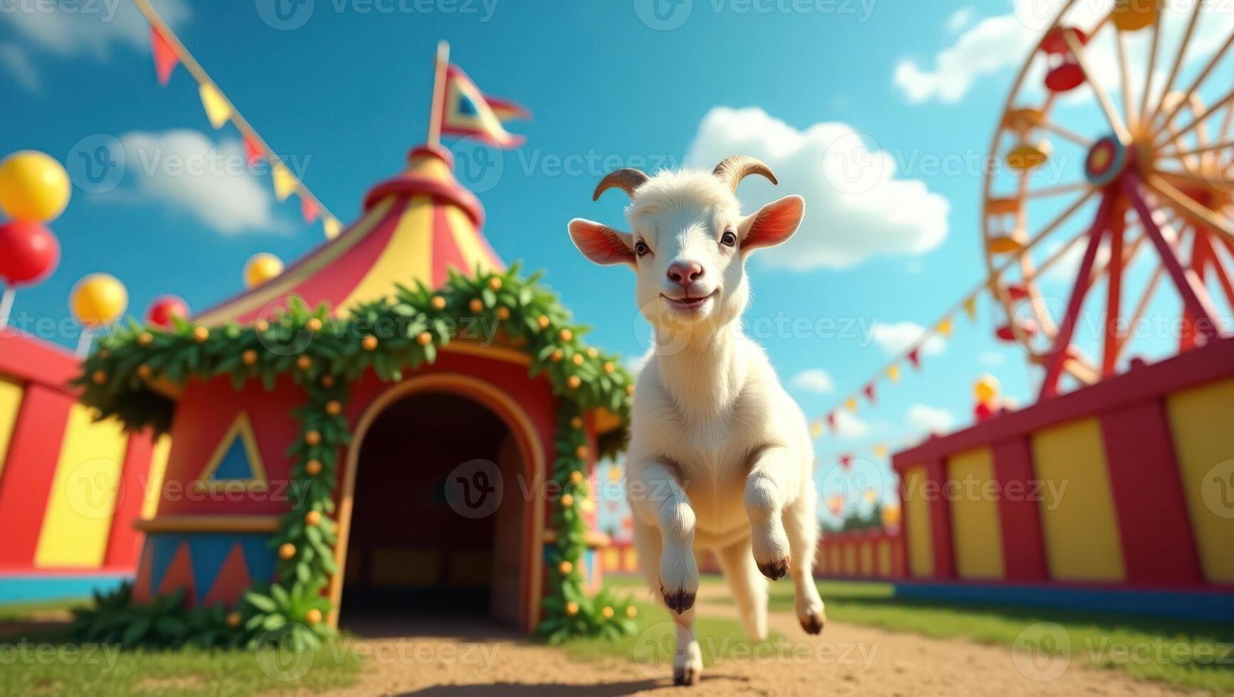 A cheerful goat runs towards the viewer in a vibrant carnival setting. photo