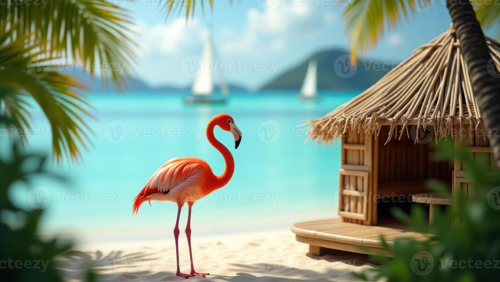 A vibrant flamingo stands on a sandy beach near a thatched hut with turquoise waters in the background. photo