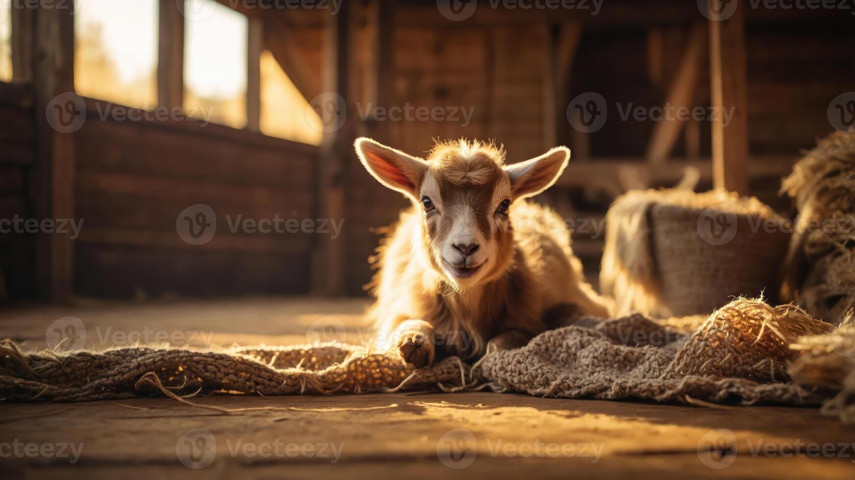 A young goat resting on a burlap mat in a rustic barn setting. photo
