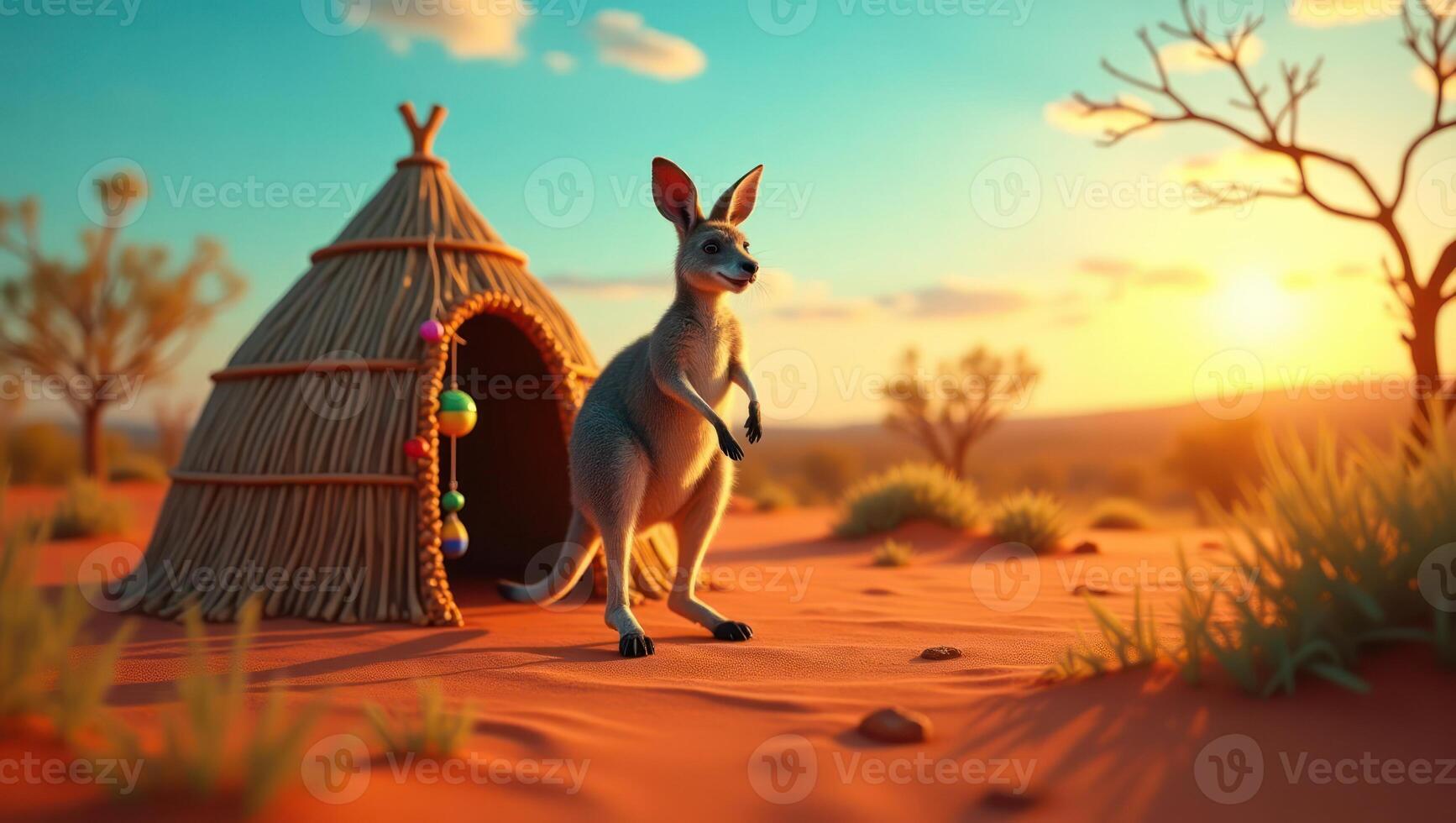 A kangaroo stands near a straw hut at sunset in a desert landscape. photo