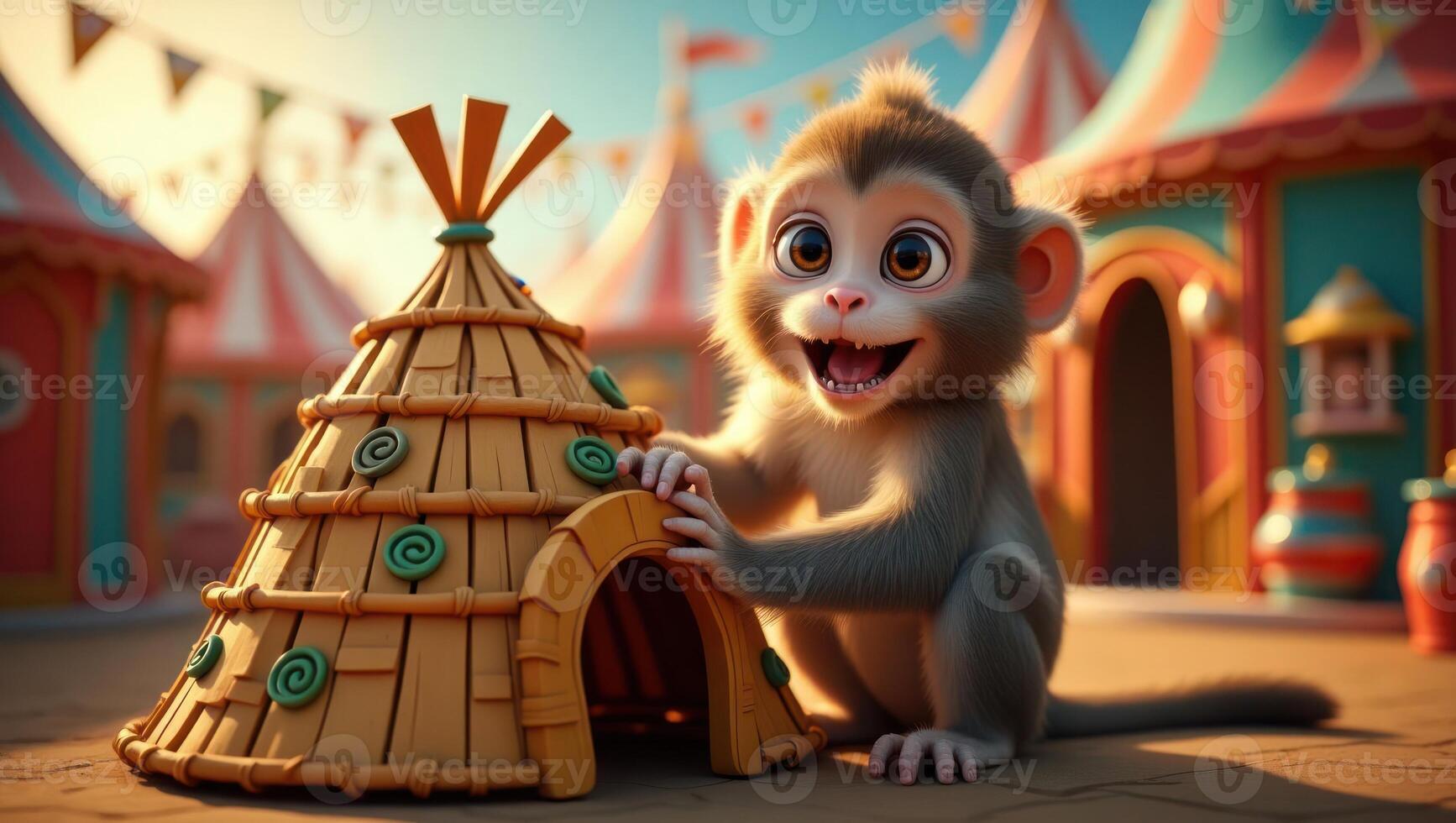 A playful monkey interacting with a colorful, whimsical hut in a carnival setting. photo