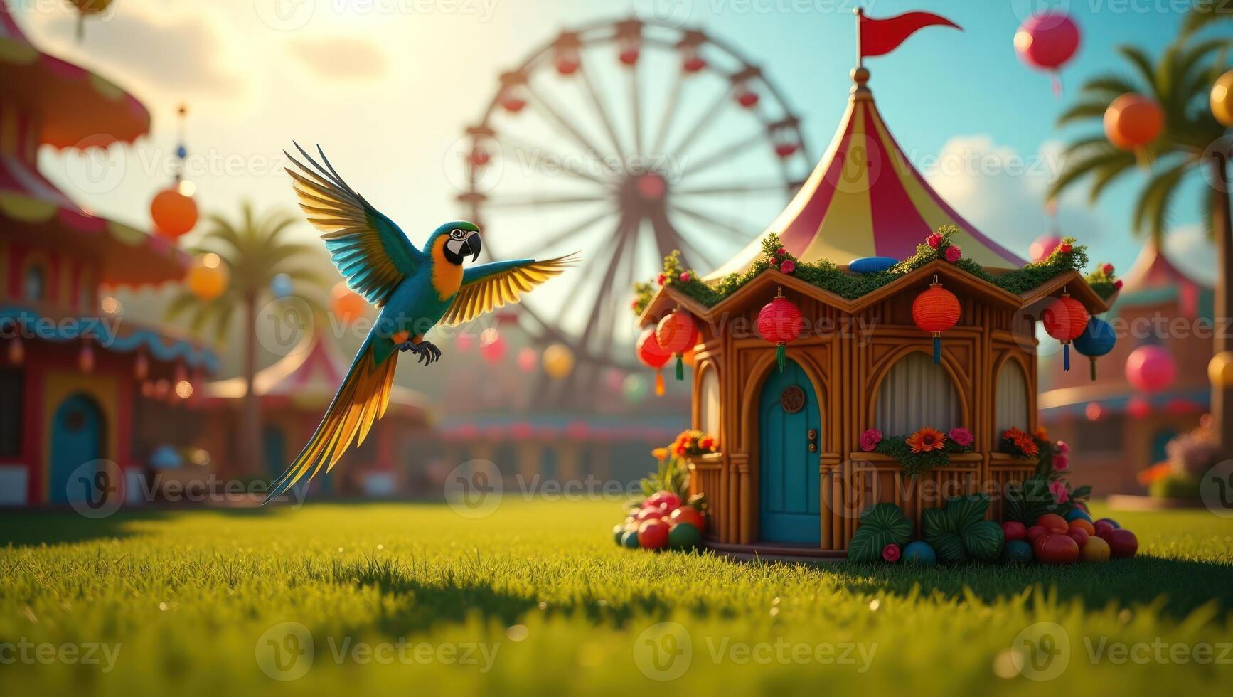 A vibrant carnival scene with a colorful parrot flying near a festive gazebo. photo