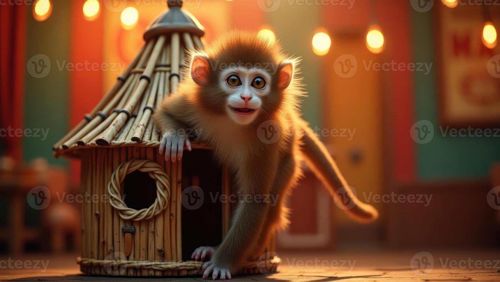 A playful young monkey emerging from a cozy bamboo house, set in a vibrant indoor environment. photo