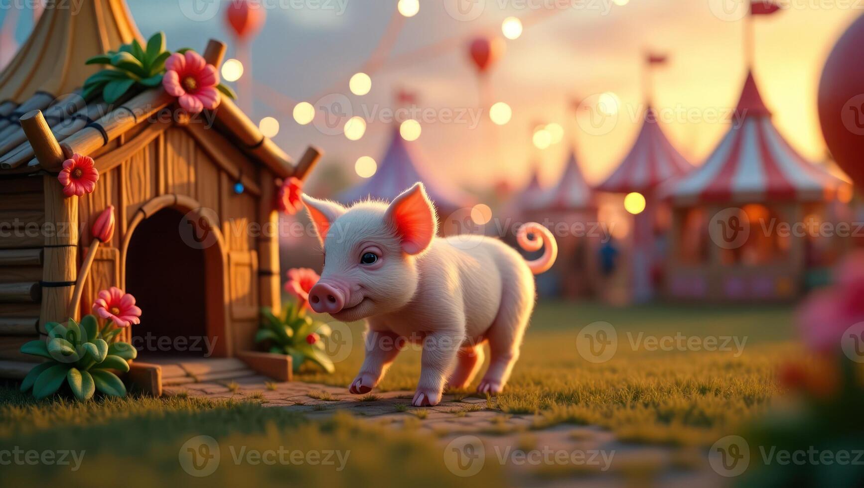 A cute piglet walks near a whimsical wooden house in a vibrant carnival setting. photo