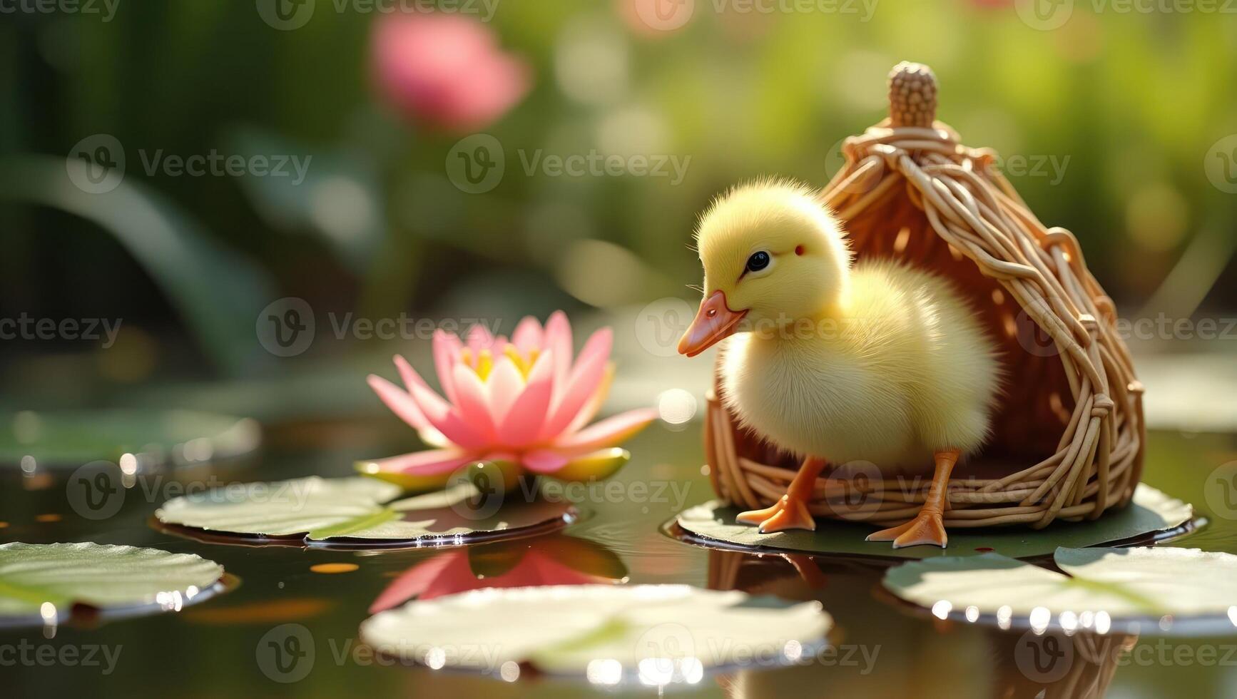 A cute duckling emerges from a woven nest by a serene pond with a pink lotus flower. photo