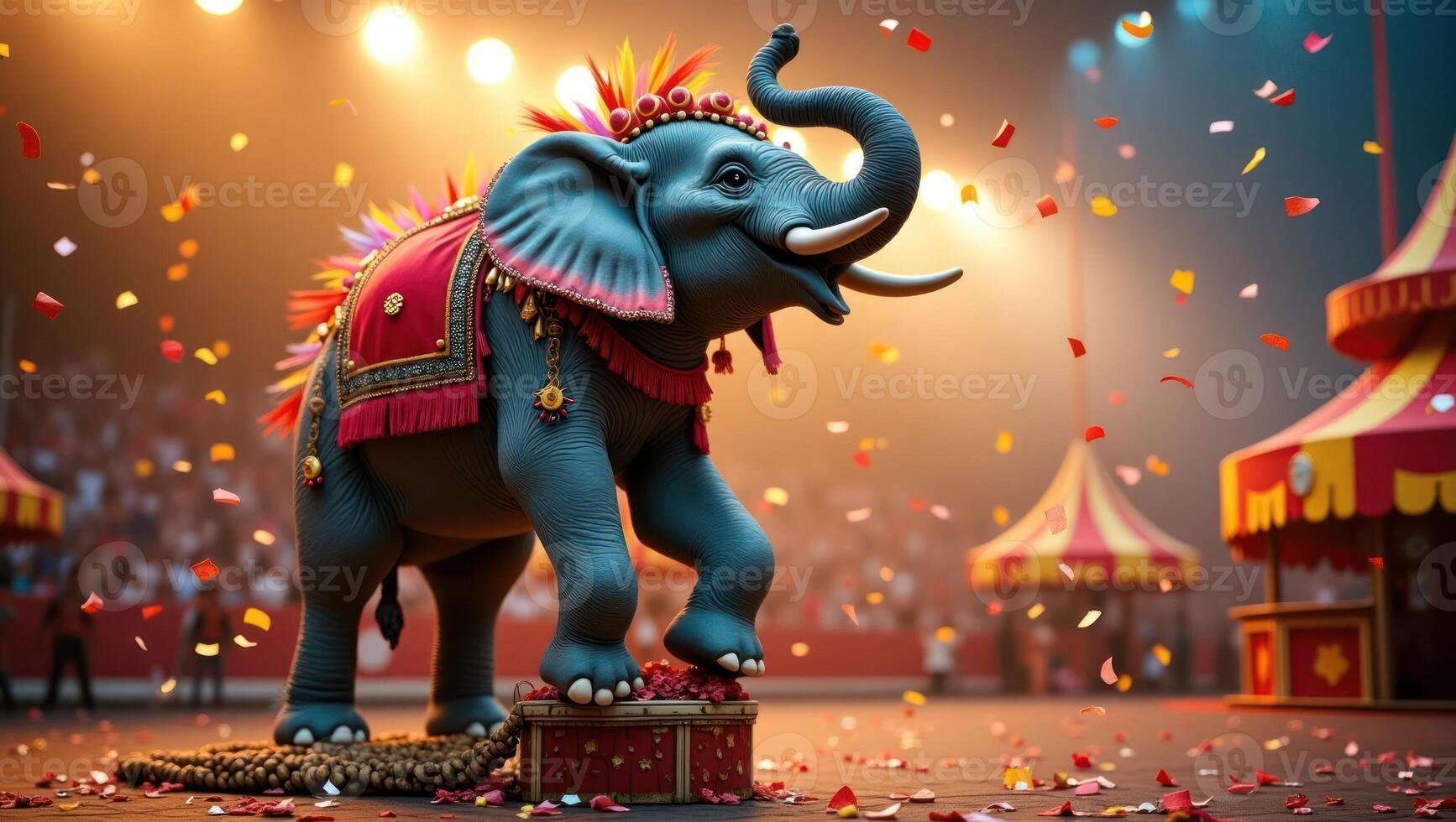 A colorful circus scene featuring a decorated elephant performing amidst confetti. photo