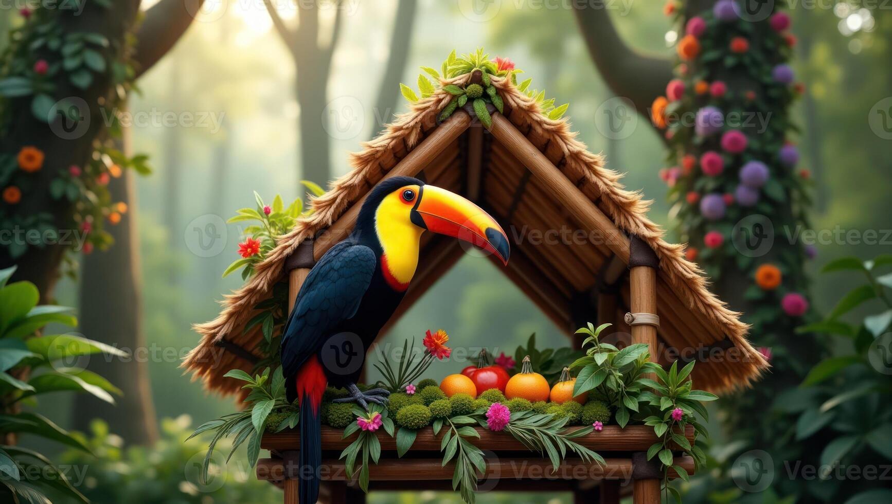 A toucan perched near a fruit stand in a vibrant, lush forest setting. photo