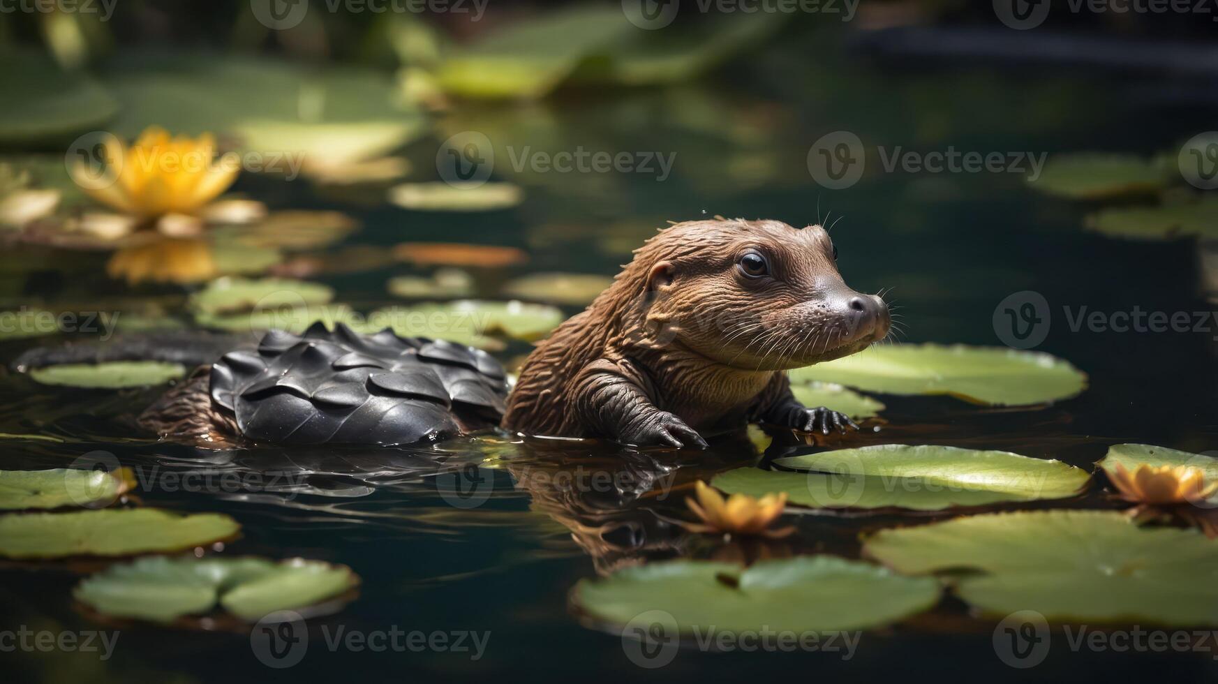 A fantastical creature resembling a mix of a mammal and reptile swims among lily pads. photo