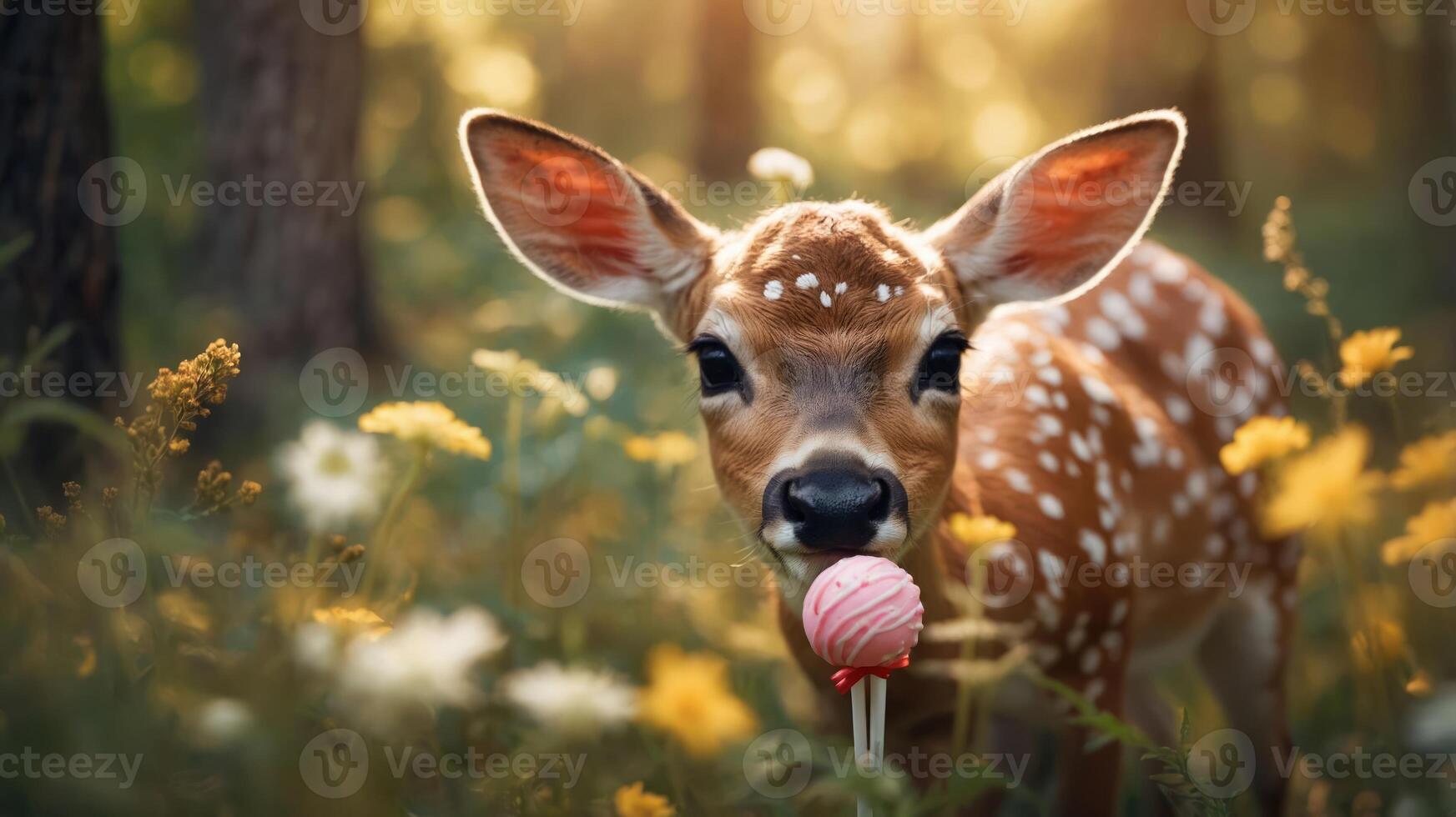 A fawn in a meadow holding a lollipop, blending nature with whimsy. photo