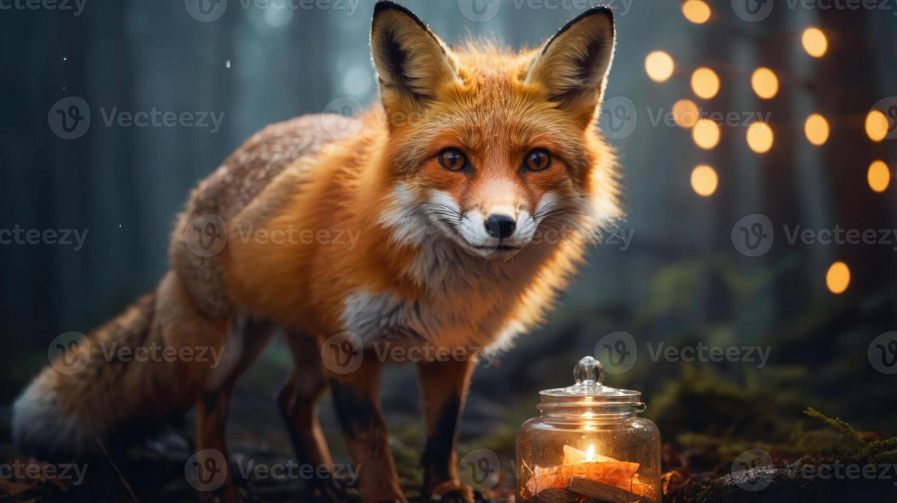 A fox stands near a glowing candle in a jar, surrounded by a misty forest ambiance. photo