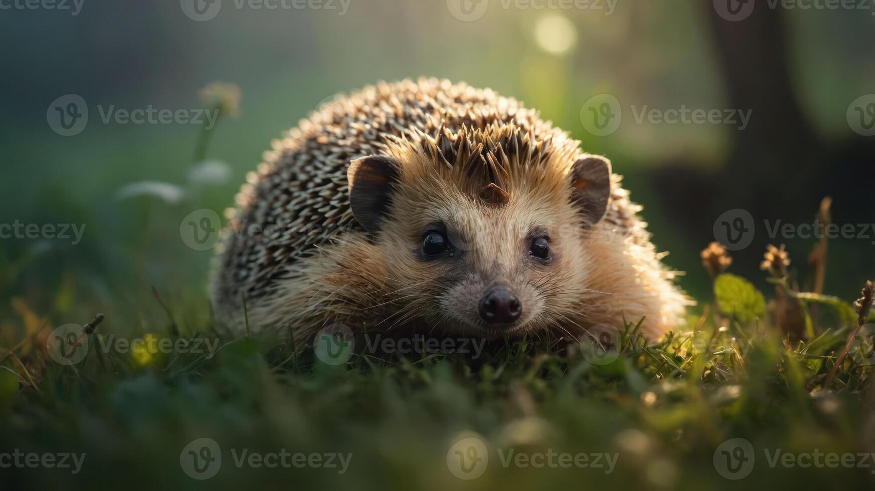 A close-up of a hedgehog resting on grass in a serene, natural setting. photo