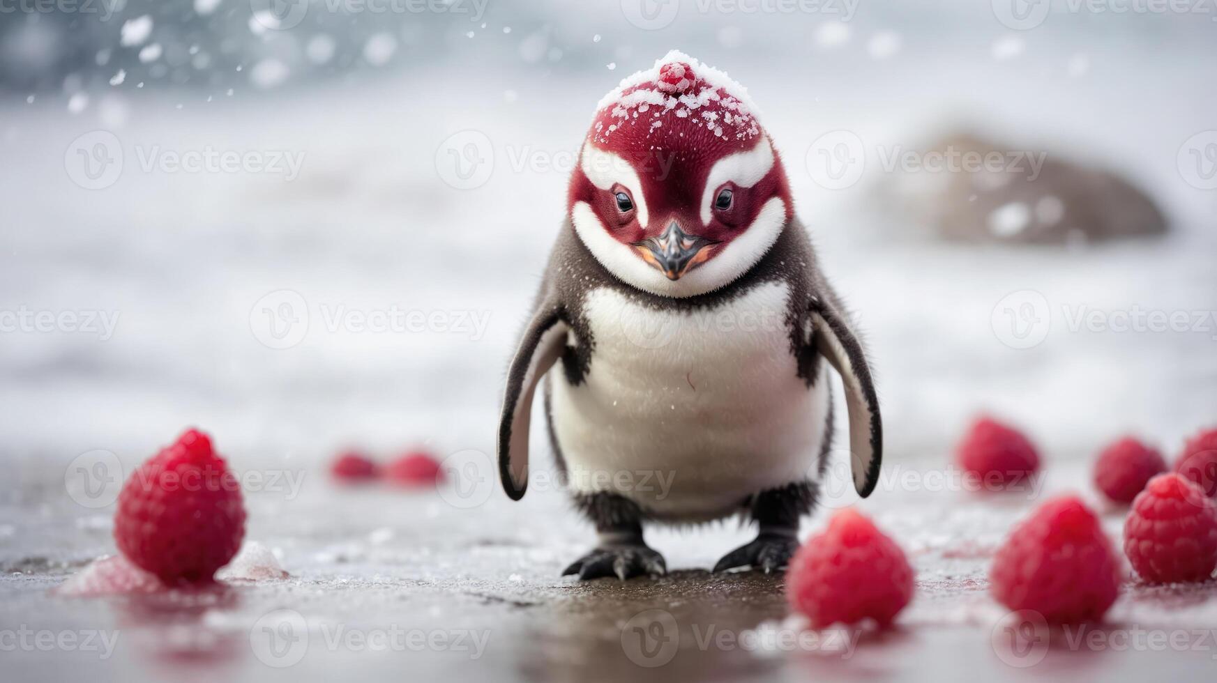 A whimsical penguin with a red hat stands among raspberries on a snowy beach. photo