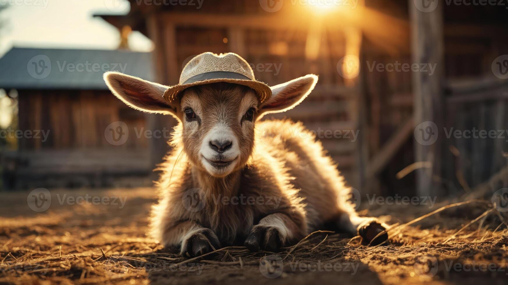 A playful goat wearing a straw hat, lounging in a rustic farm setting at sunset. photo