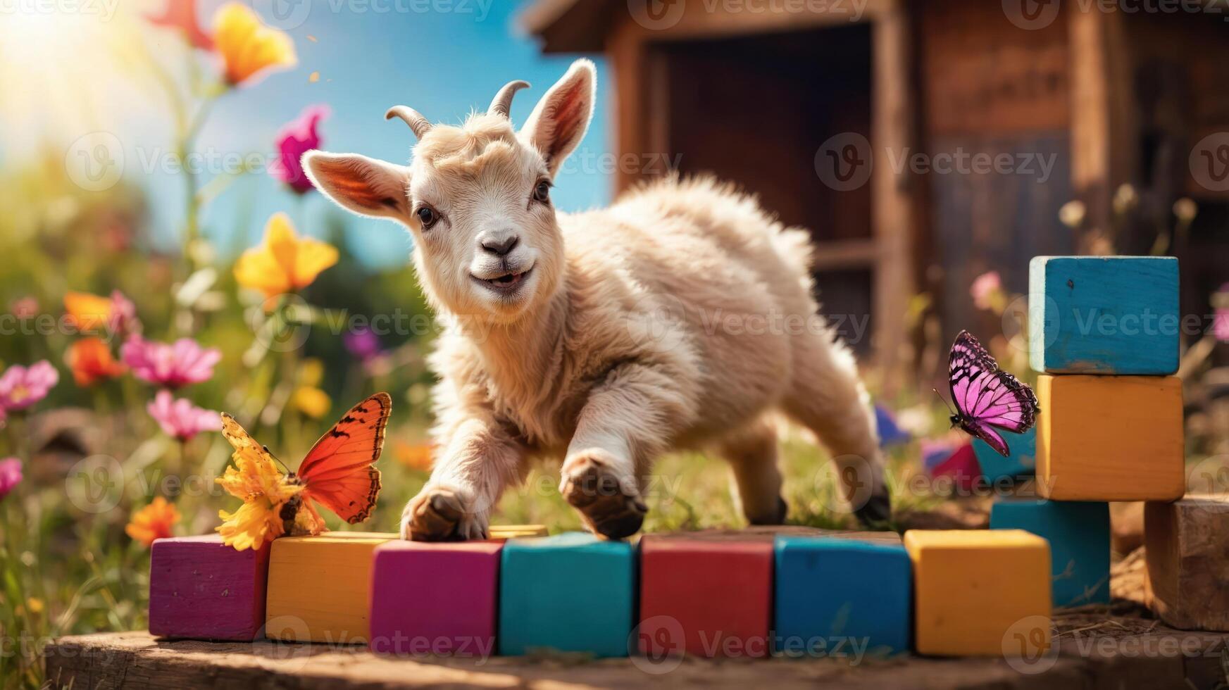 A playful goat interacts with colorful blocks and butterflies in a vibrant garden setting. photo