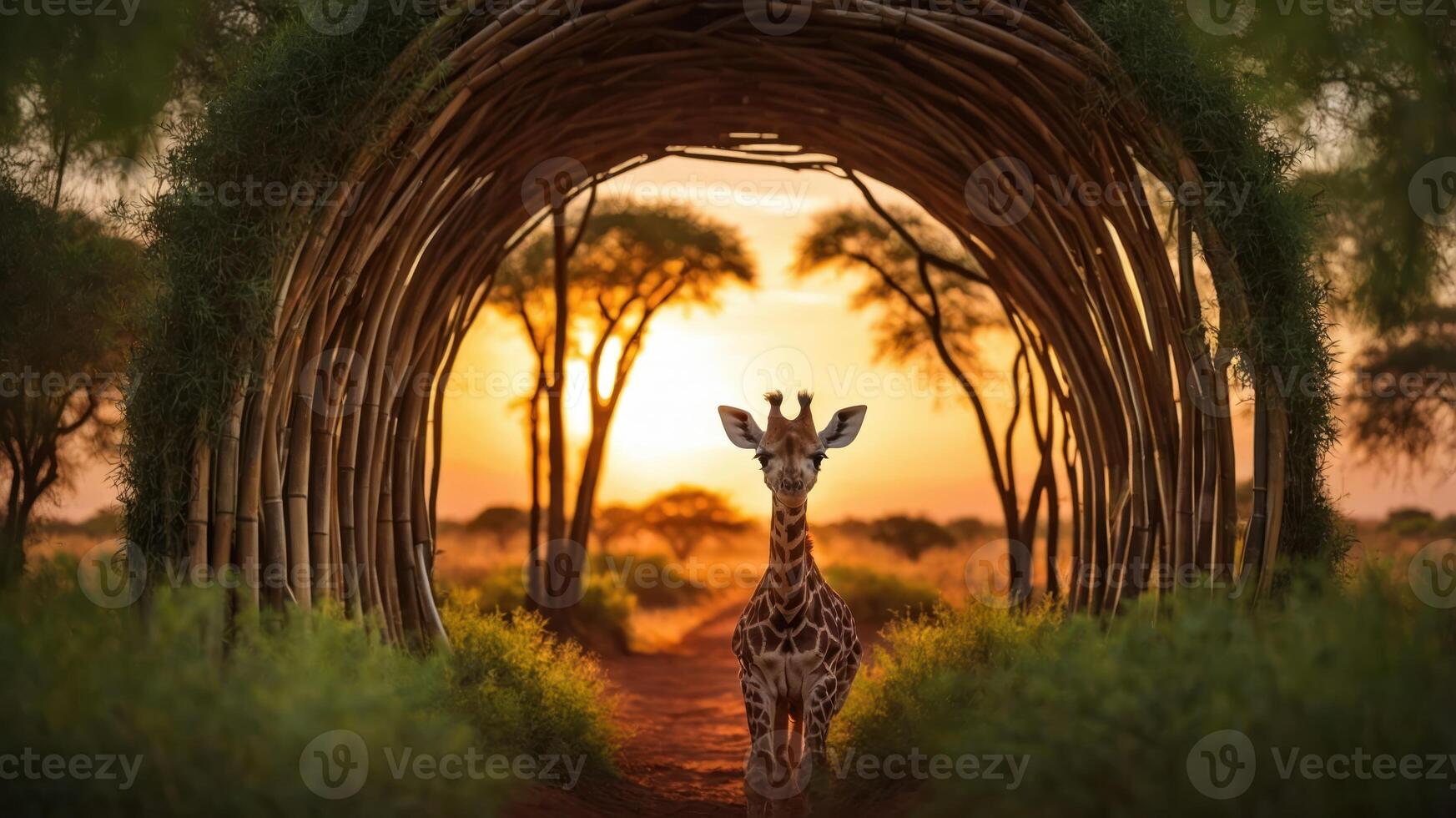 A giraffe stands at the end of a bamboo archway during sunset in a serene landscape. photo