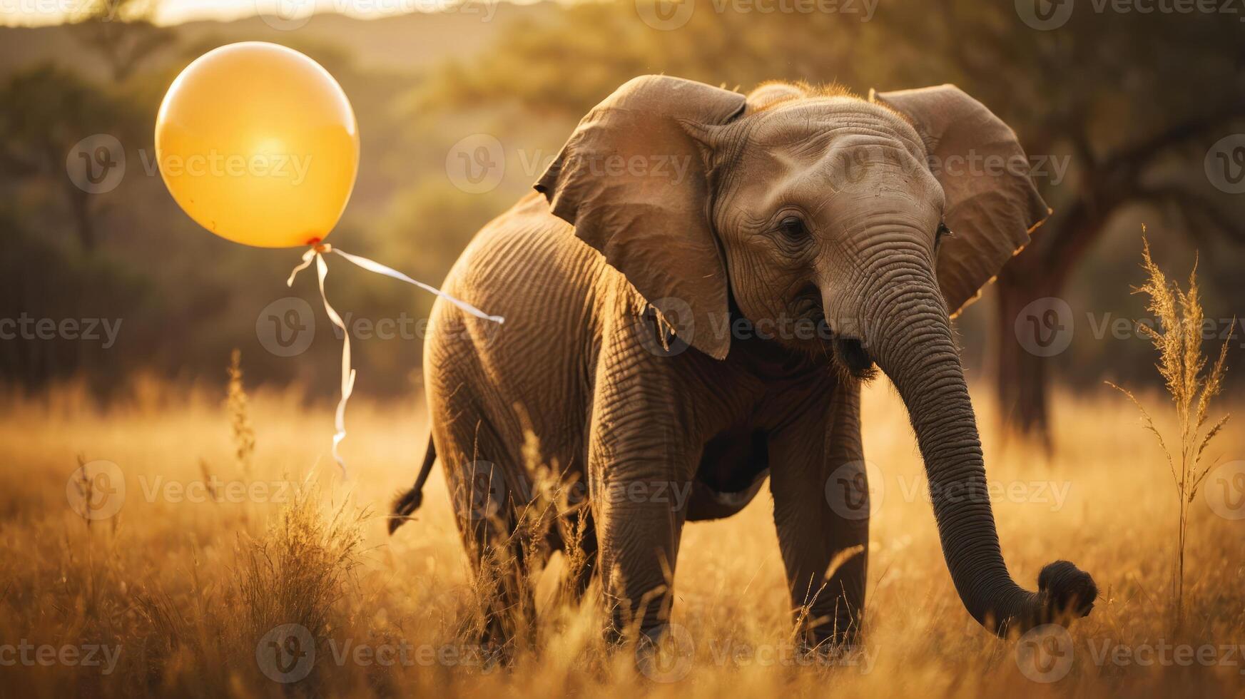 An elephant in a golden field holding a balloon, evoking a whimsical and joyful atmosphere. photo