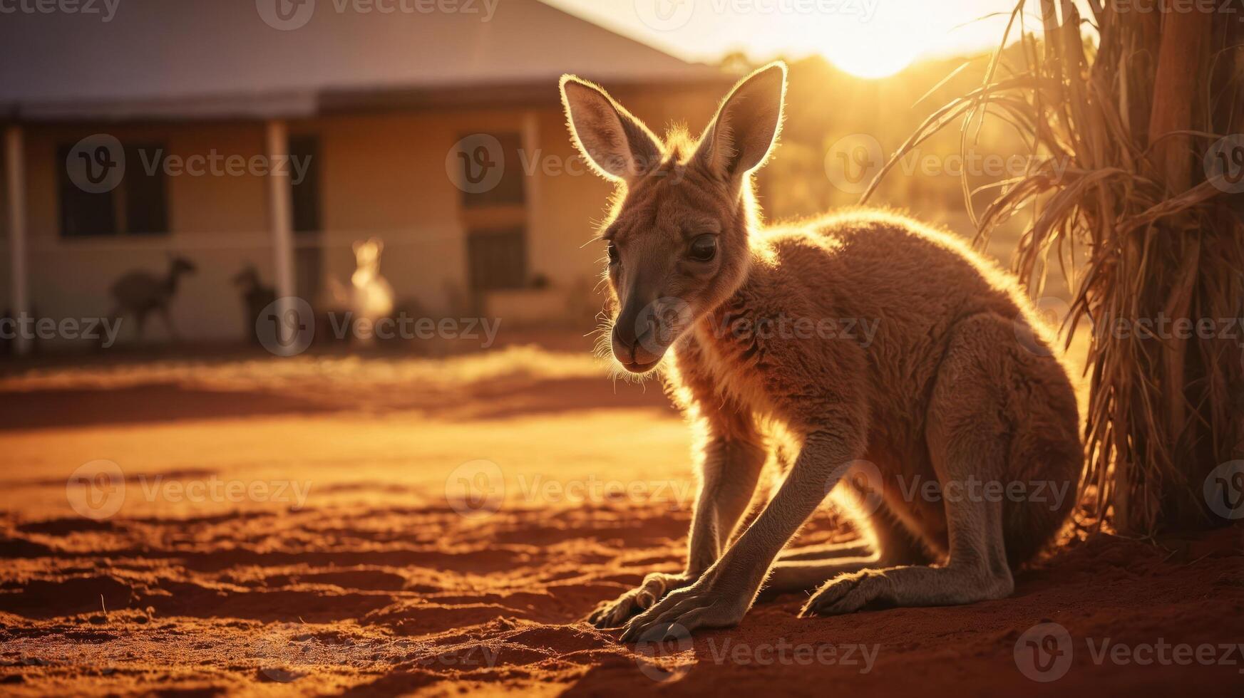 A kangaroo sits in the warm glow of sunset, highlighting its features against a rustic backdrop. photo