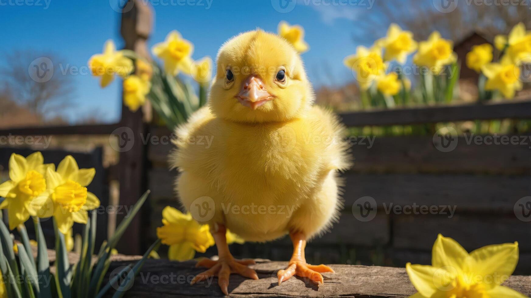 A fluffy yellow chick stands among vibrant daffodils under a clear blue sky. photo