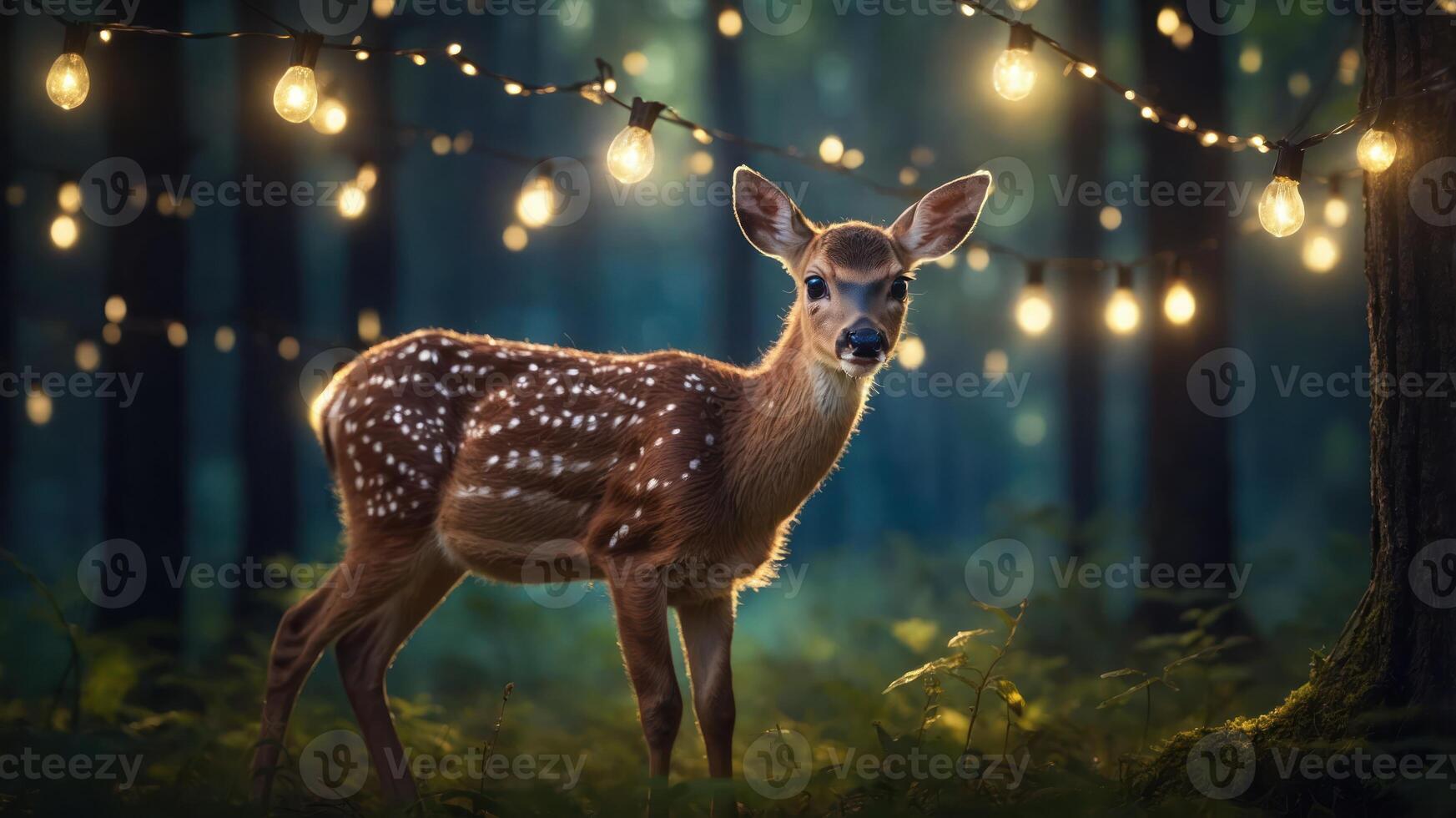 A young deer stands in a forest illuminated by string lights, creating a magical atmosphere. photo