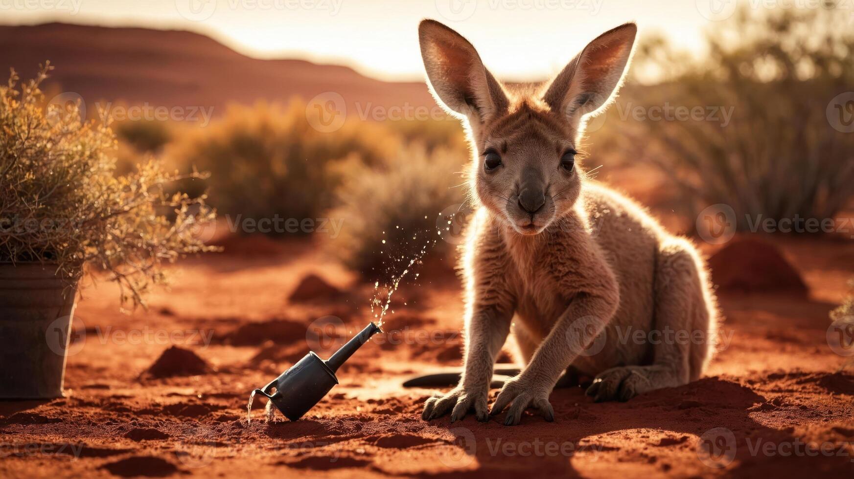 A kangaroo playfully interacts with a watering can in a desert landscape at sunset. photo