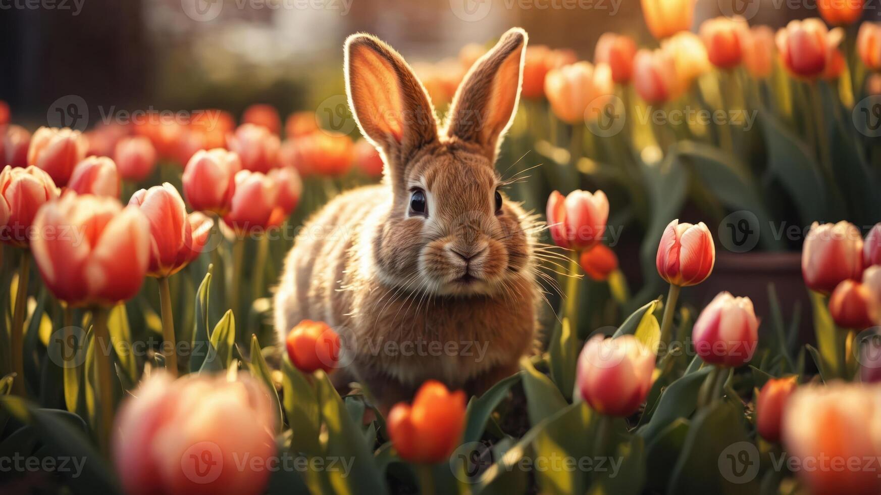 A rabbit among colorful tulips in a sunlit garden. photo