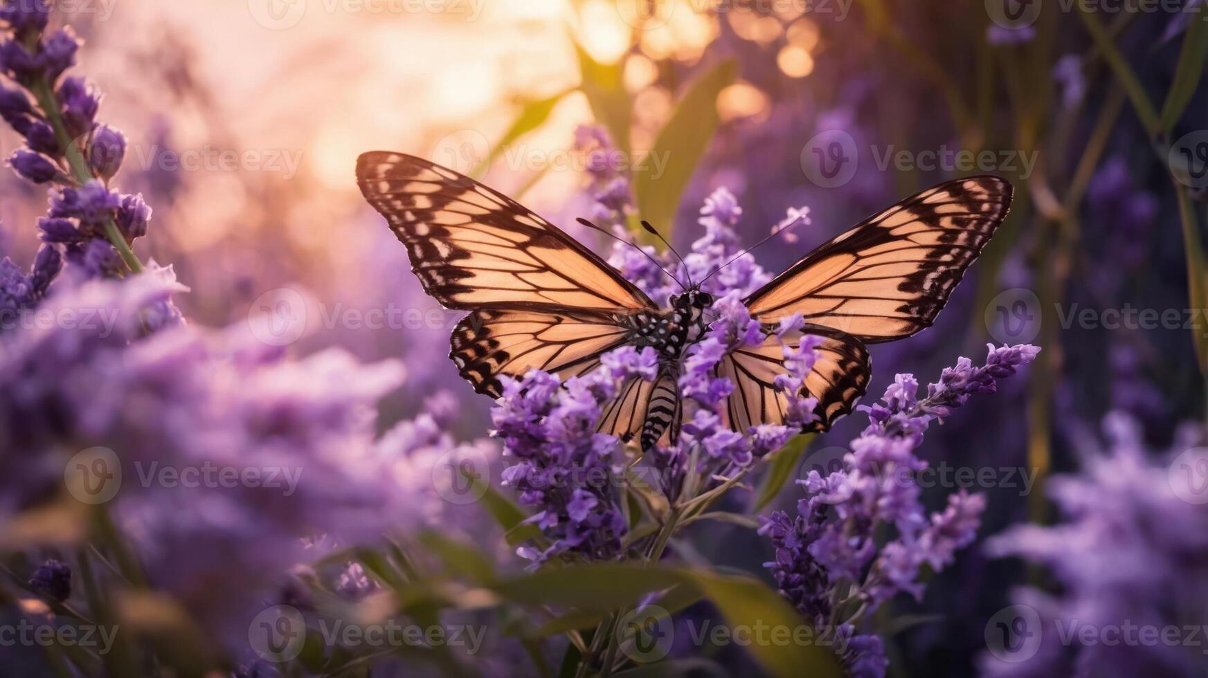A butterfly resting on purple flowers during a serene sunset. photo