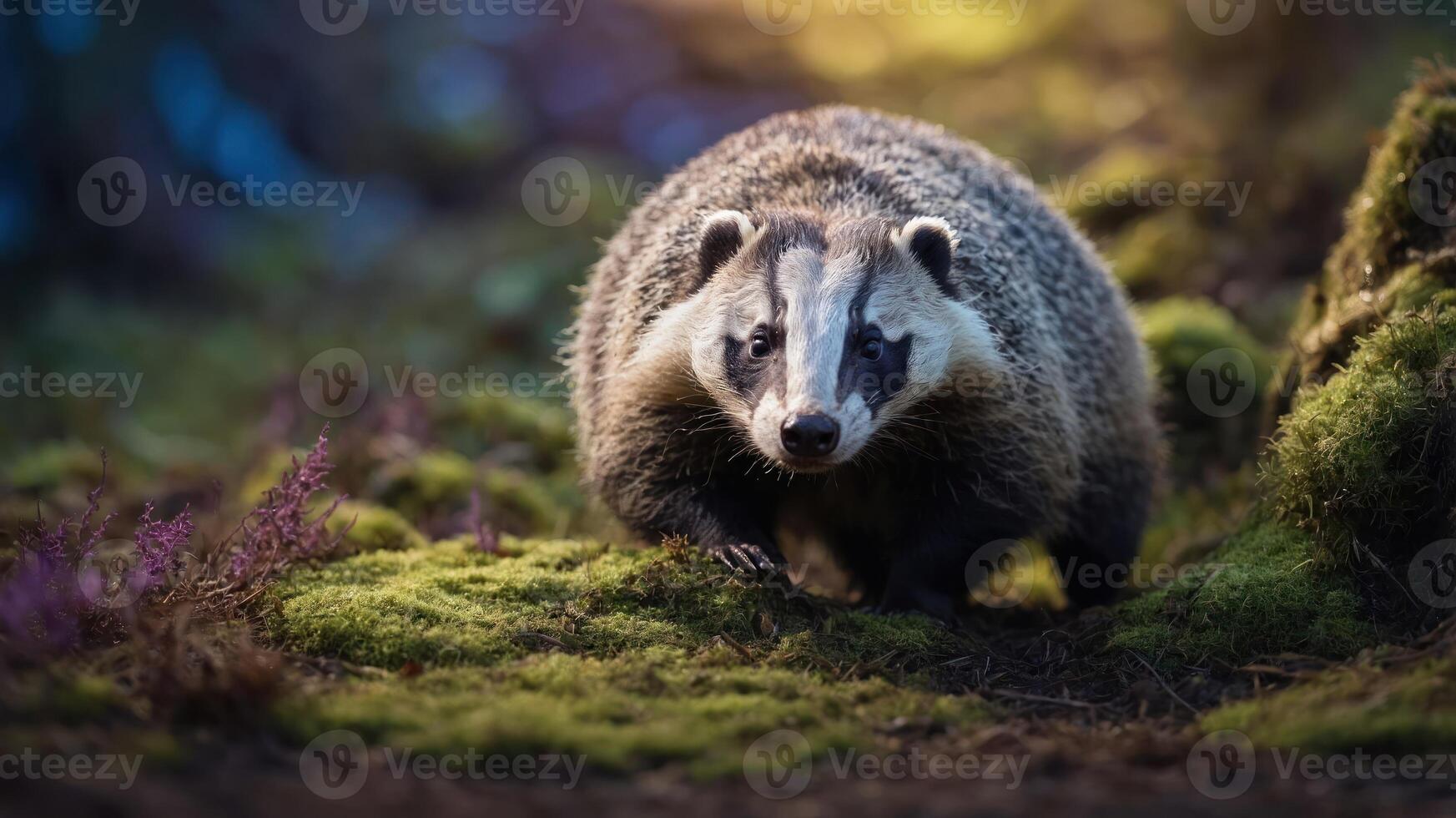 A badger walking through a lush, mossy forest setting, illuminated by soft, natural light. photo