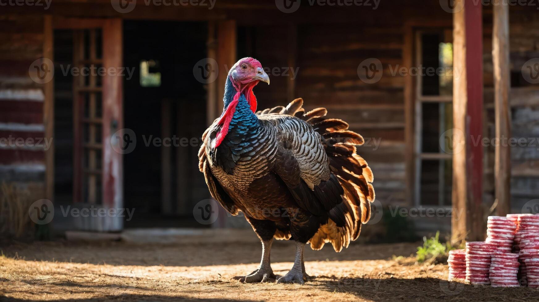 A turkey stands prominently in front of a rustic building. photo