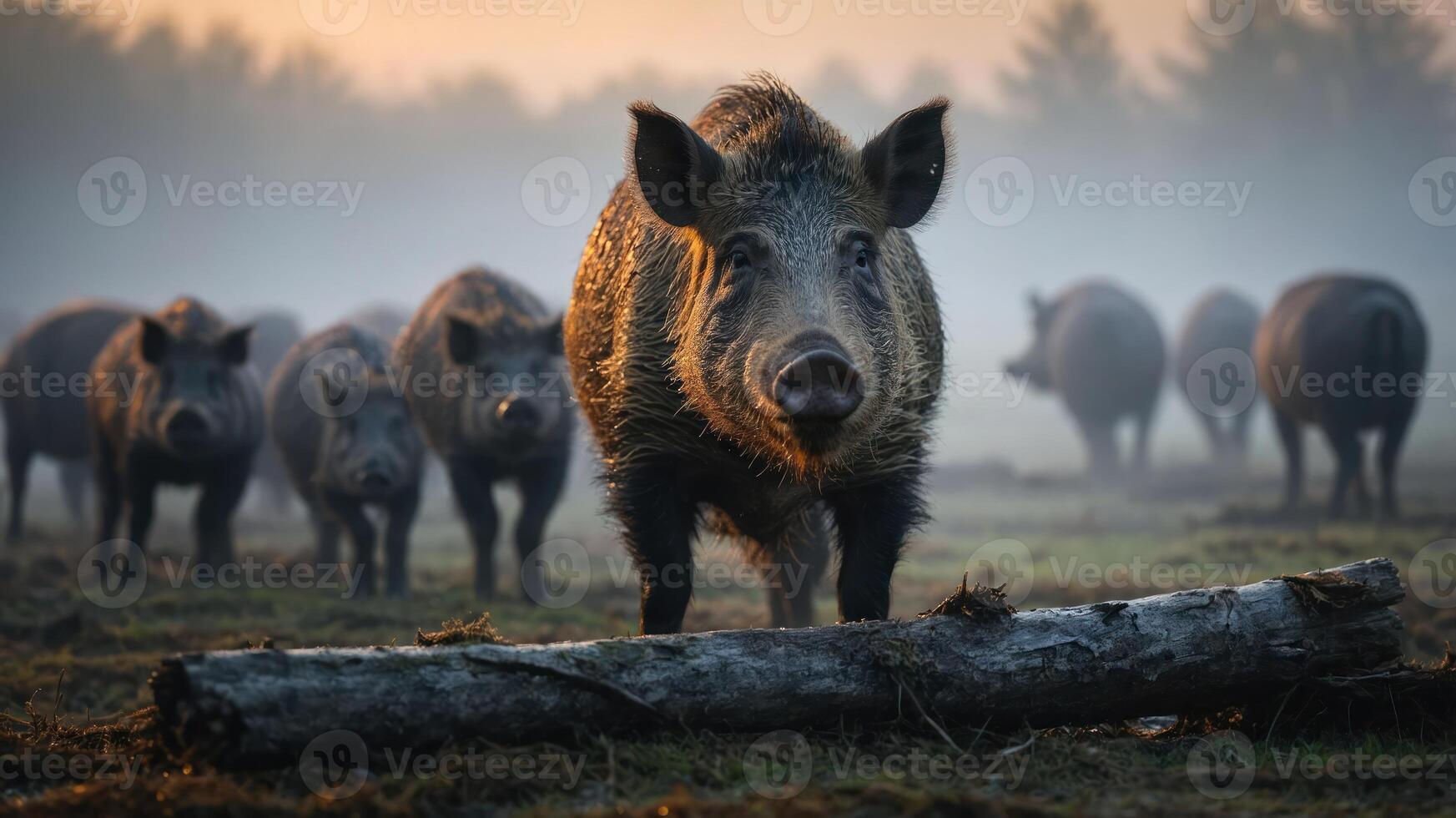 A group of wild boars in a misty landscape at dawn, creating a serene wildlife scene. photo
