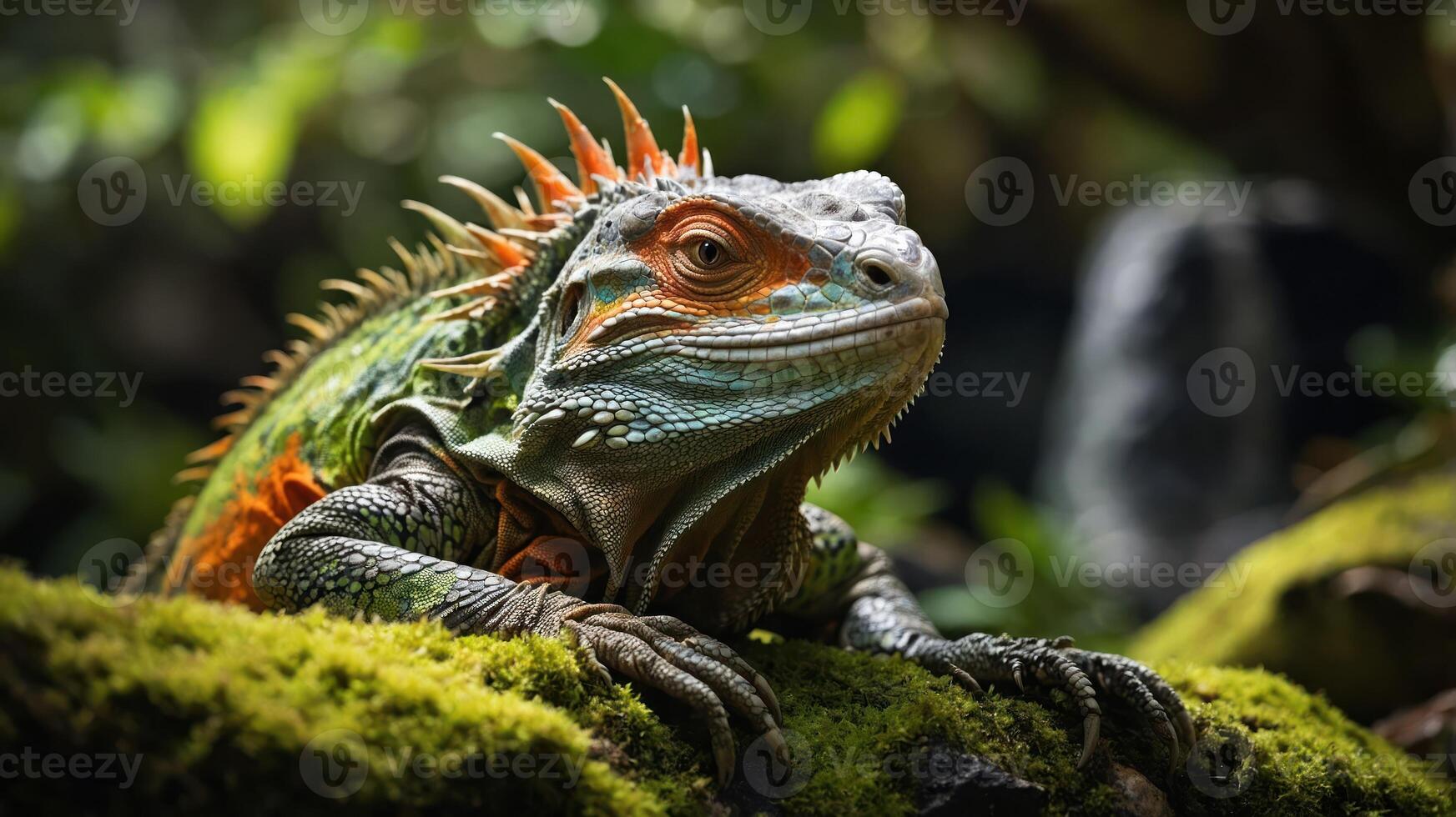 A colorful lizard resting on moss in a lush, green environment. photo