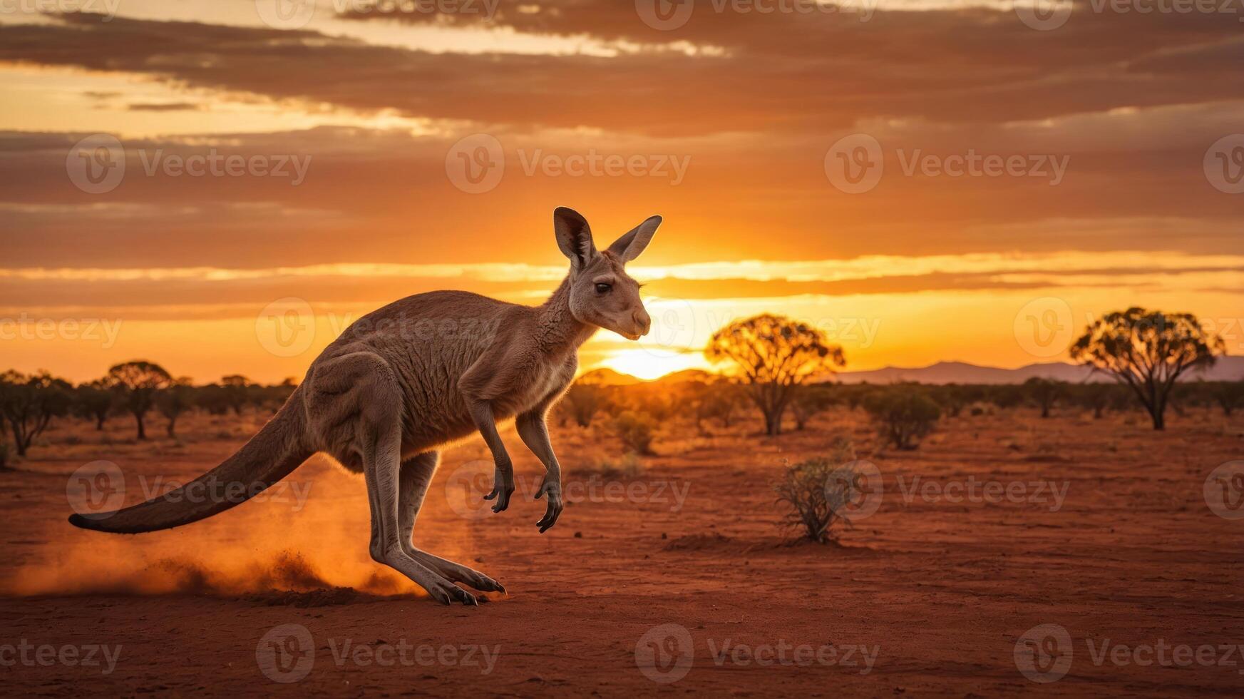 A kangaroo leaps across the Australian outback at sunset, showcasing the natural beauty of wildlife. photo