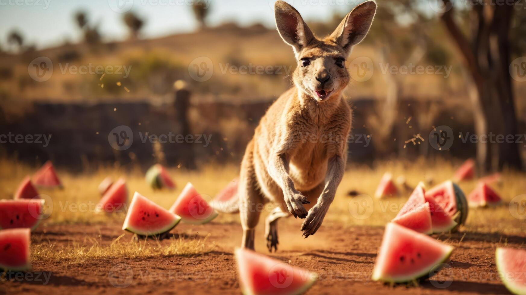 A kangaroo joyfully hops among scattered watermelon slices in a sunny landscape. photo