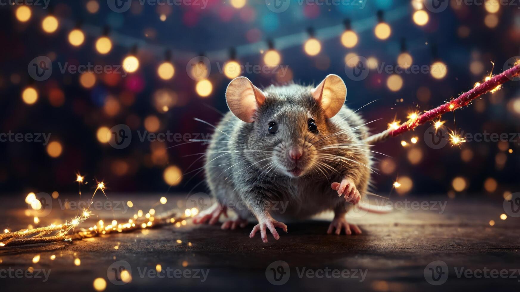 A cute mouse surrounded by sparkling lights and a festive atmosphere. photo