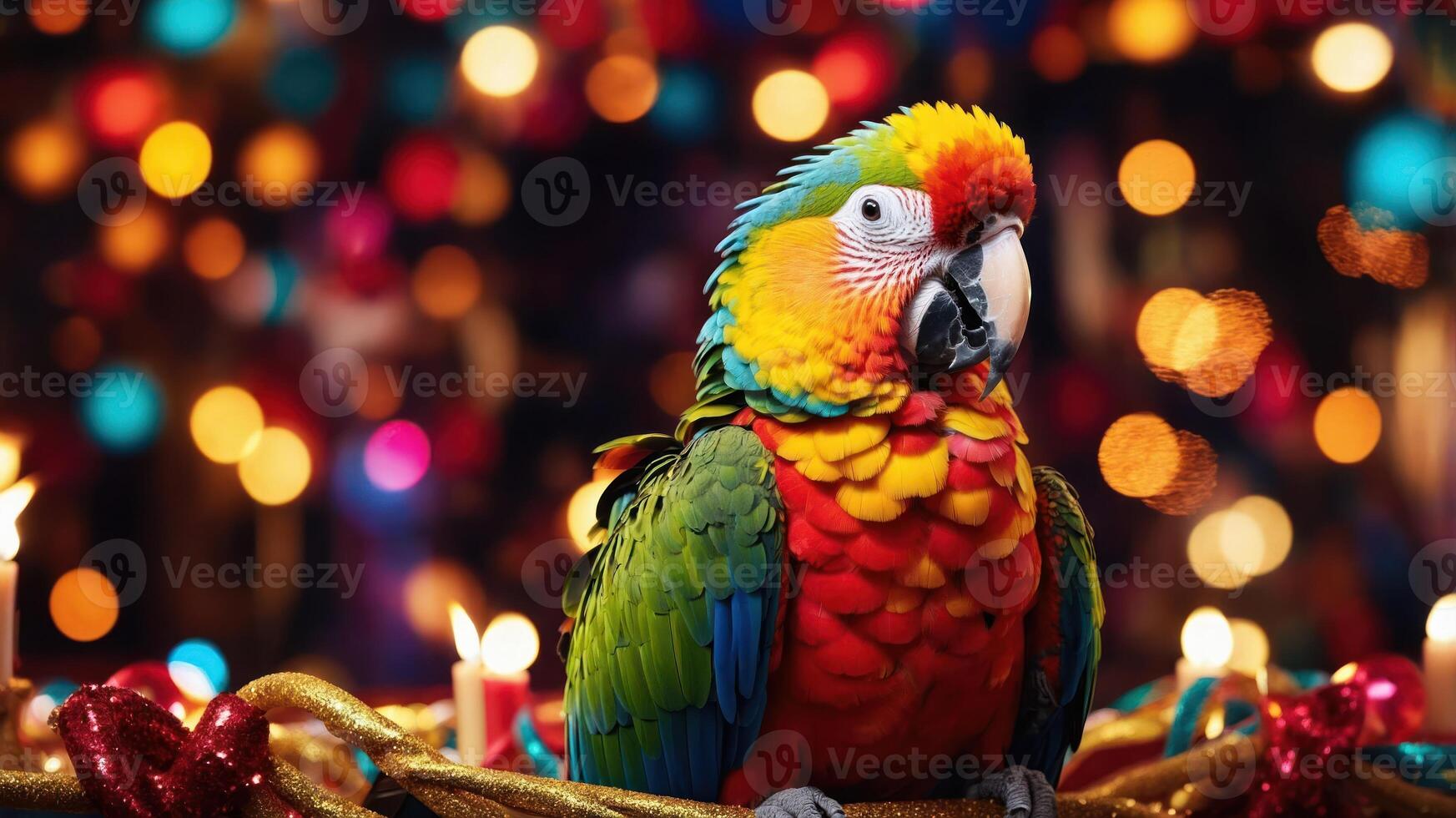 A colorful parrot perched among festive decorations and candles, creating a vibrant atmosphere. photo