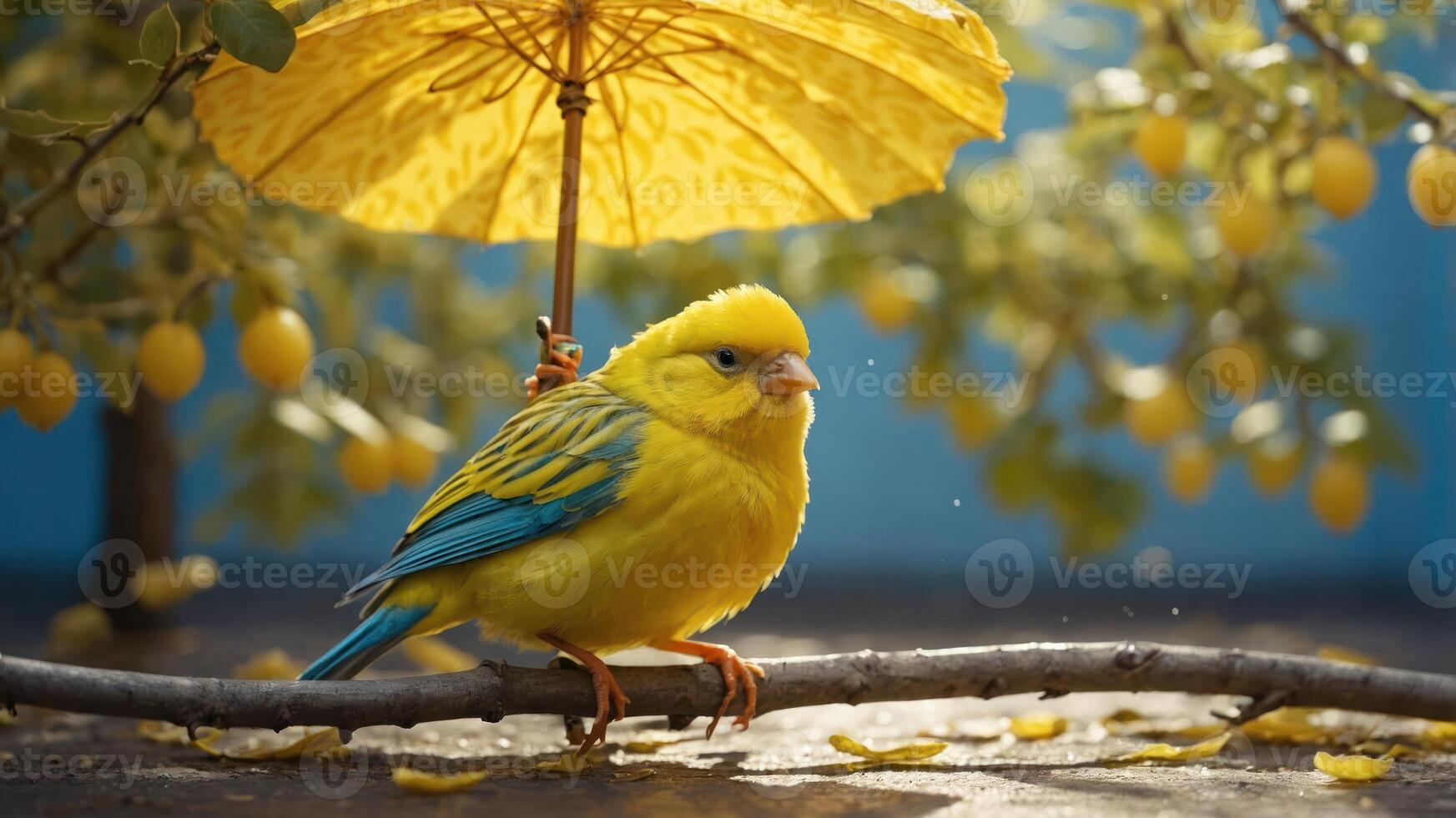 A vibrant yellow bird perched under a small umbrella amidst lemon trees. photo