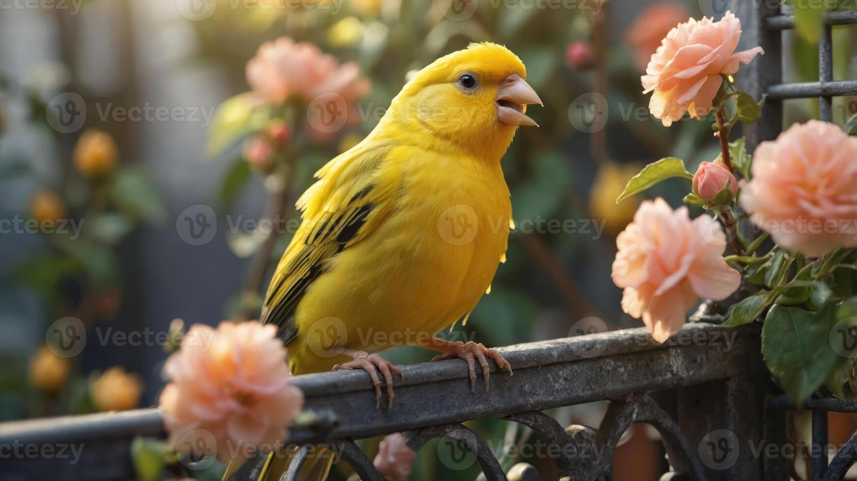 A vibrant yellow canary perched on a fence surrounded by blooming roses in a serene garden. photo