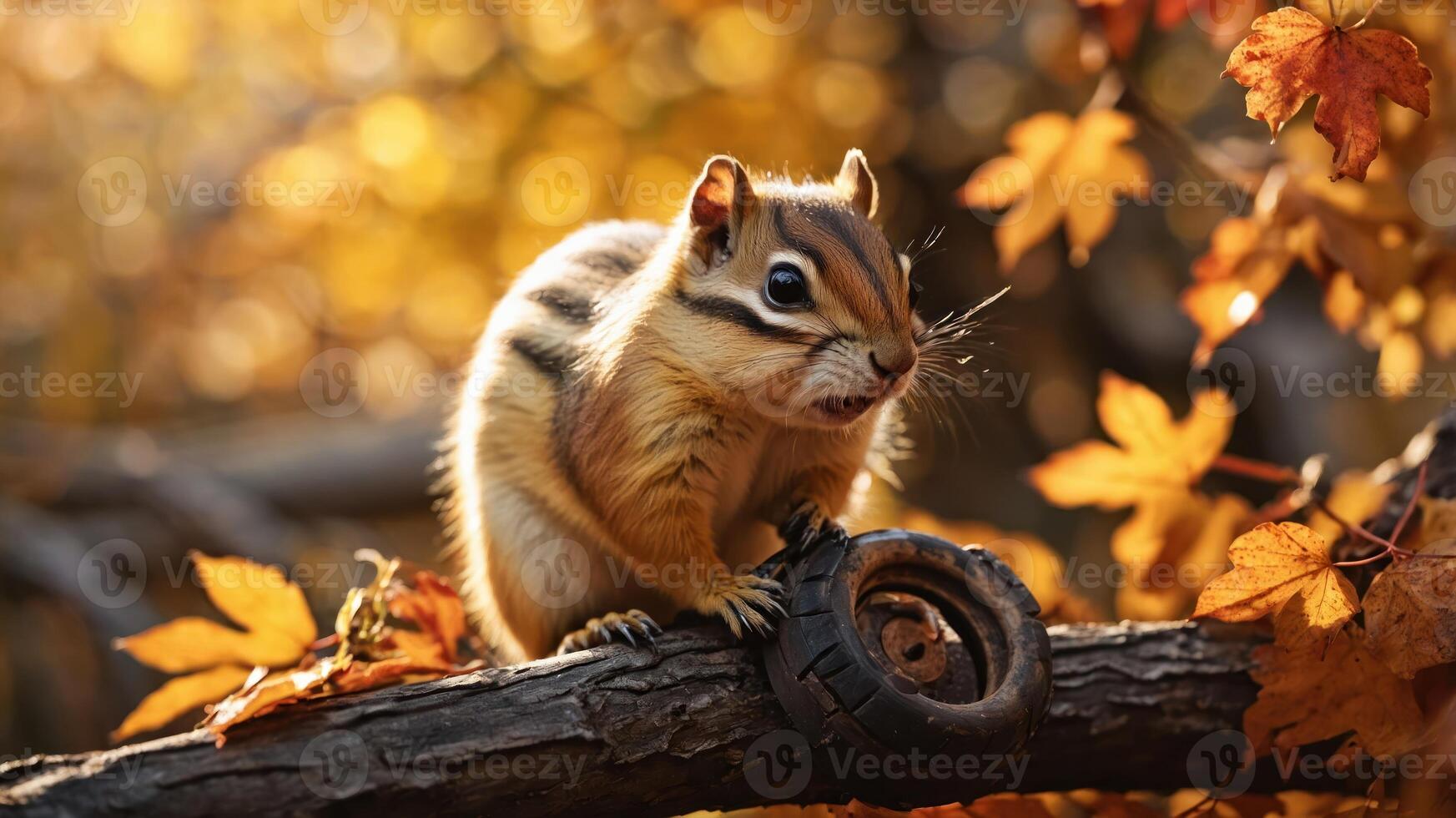 A chipmunk perched on a branch surrounded by autumn leaves. photo