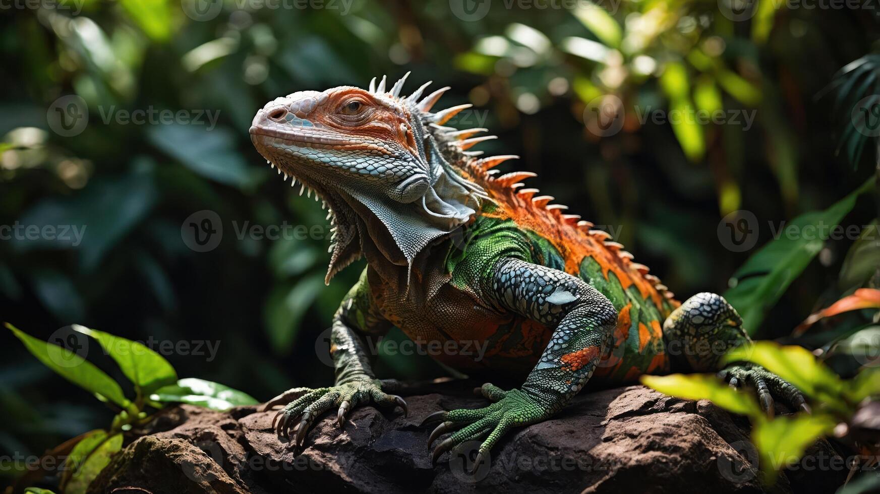 A vibrant iguana perched on a rock amidst lush greenery in a tropical environment. photo