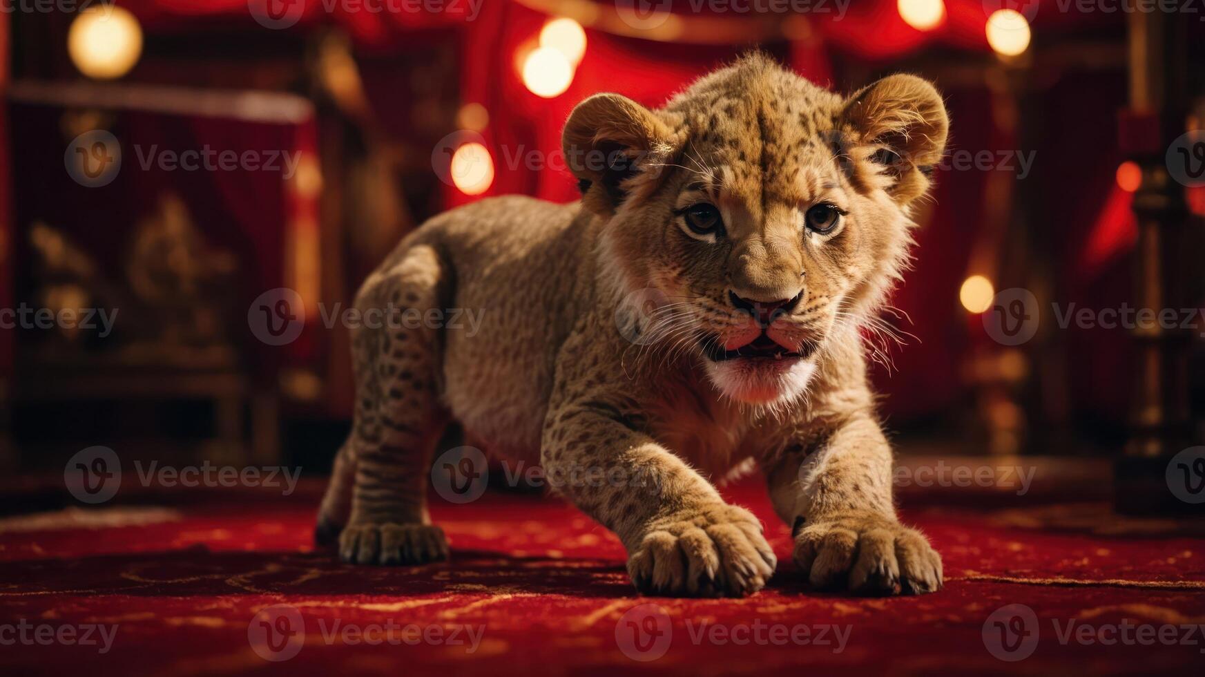 A playful lion cub crawling on a vibrant red carpet with soft lighting in the background. photo