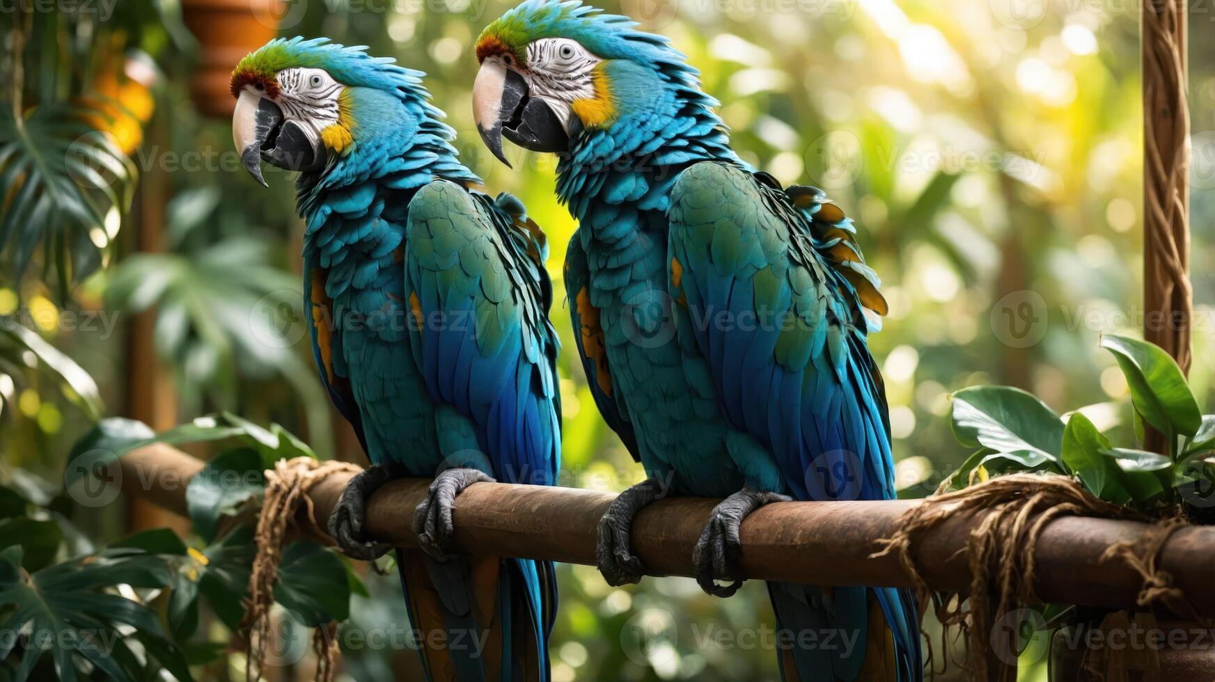 Two vibrant blue and green macaws perched on a branch amidst lush greenery. photo