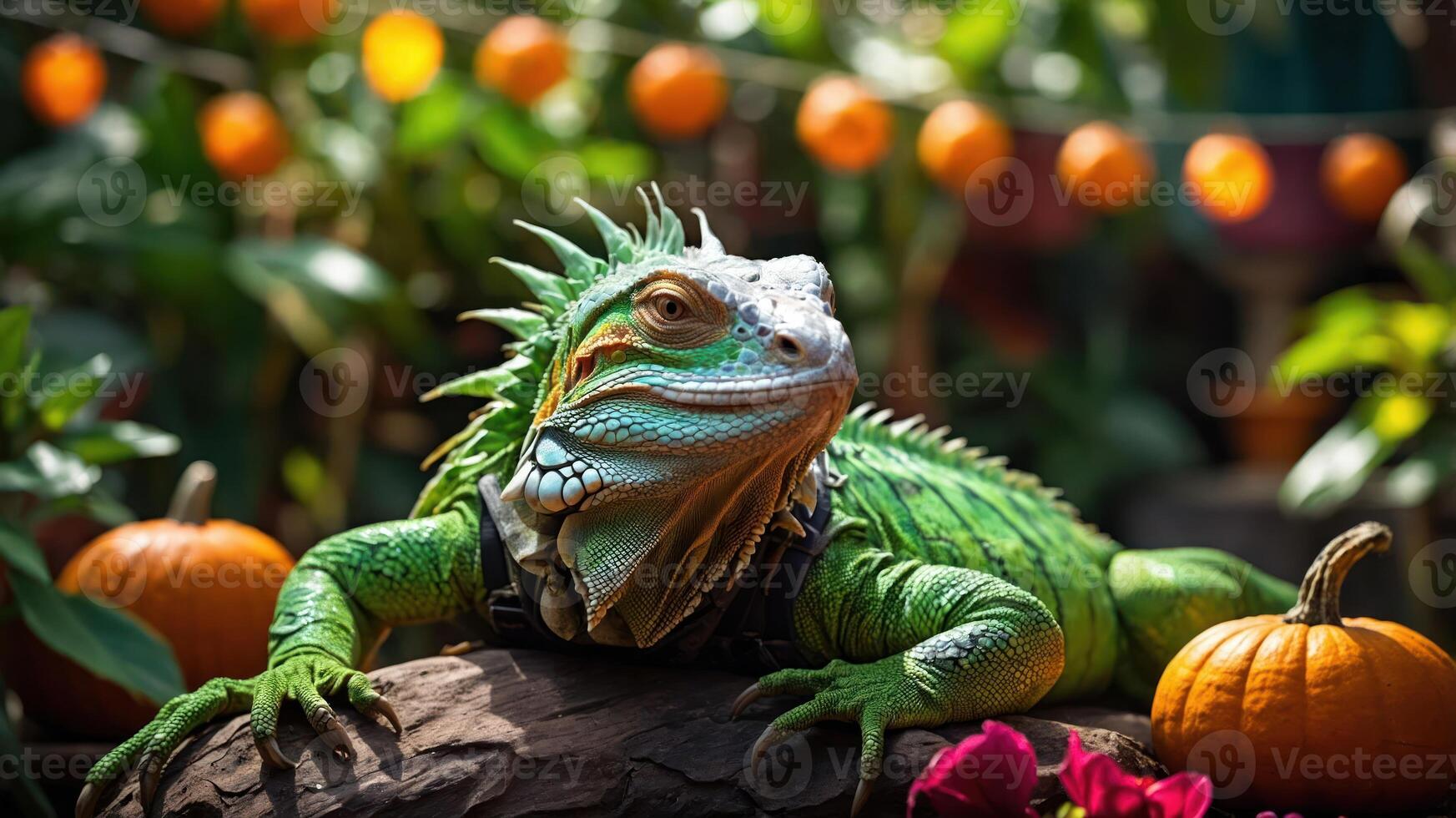 A vibrant iguana rests on a rock surrounded by pumpkins and colorful plants. photo
